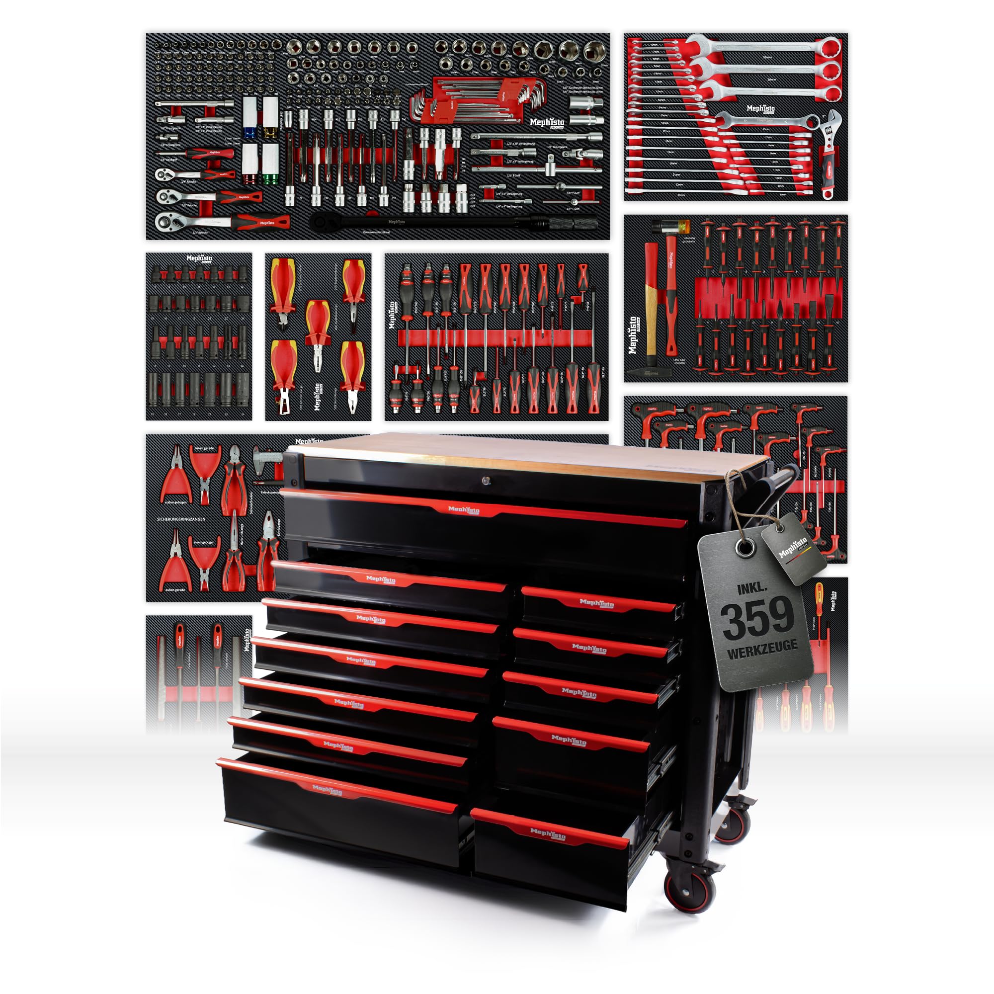 Mephisto Pro-Line BIG Werkzeugwagen Werkstattwagen gefüllt mit 12 Schubfächer davon 11 inkl. Werkzeug wie VDE Schraubendreher, Ratsche mit Nusskasten, Schraubendreher-Set in Soft Inlays in Carbon Lock