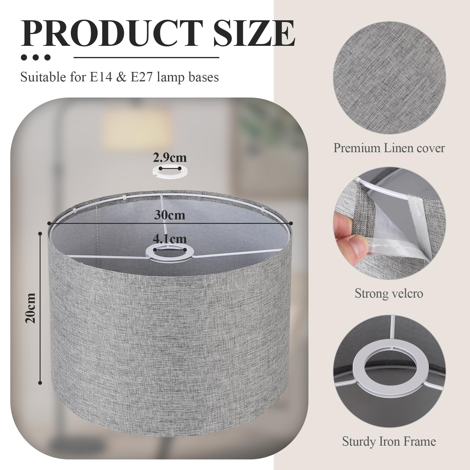 EFUTURETIME E14/E27 Paralume in Tessuto H20 X Ø 30cm, Paralume Cilindro Grande in Lino Naturale per Lampada da Terra, Comodino, Tavolo Plafoniera, Lampadari, Applique, Grigio