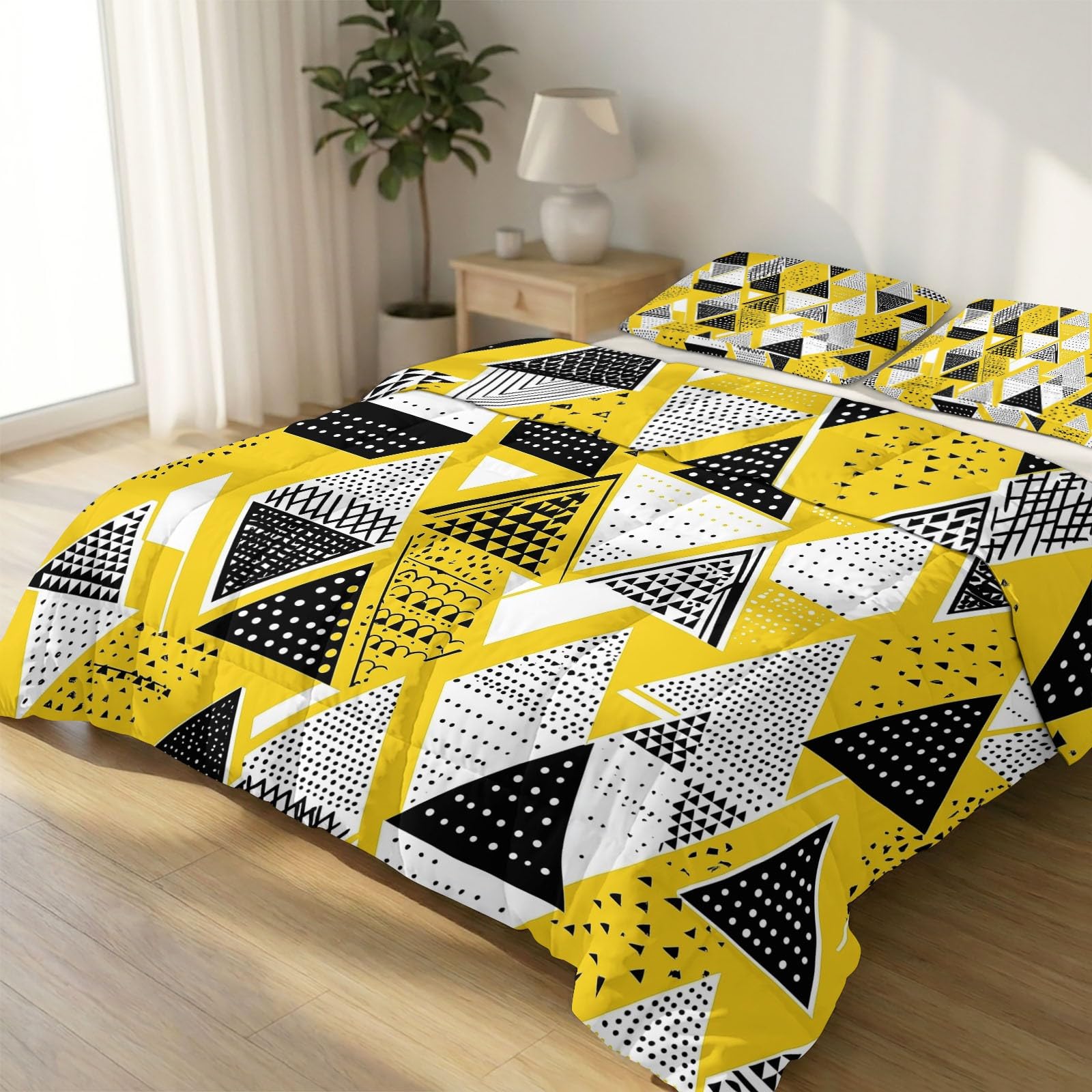 Couette 4 saisons 240x220 cm jaune imprimé géométrique avec taies pour lit double hypoallergénique