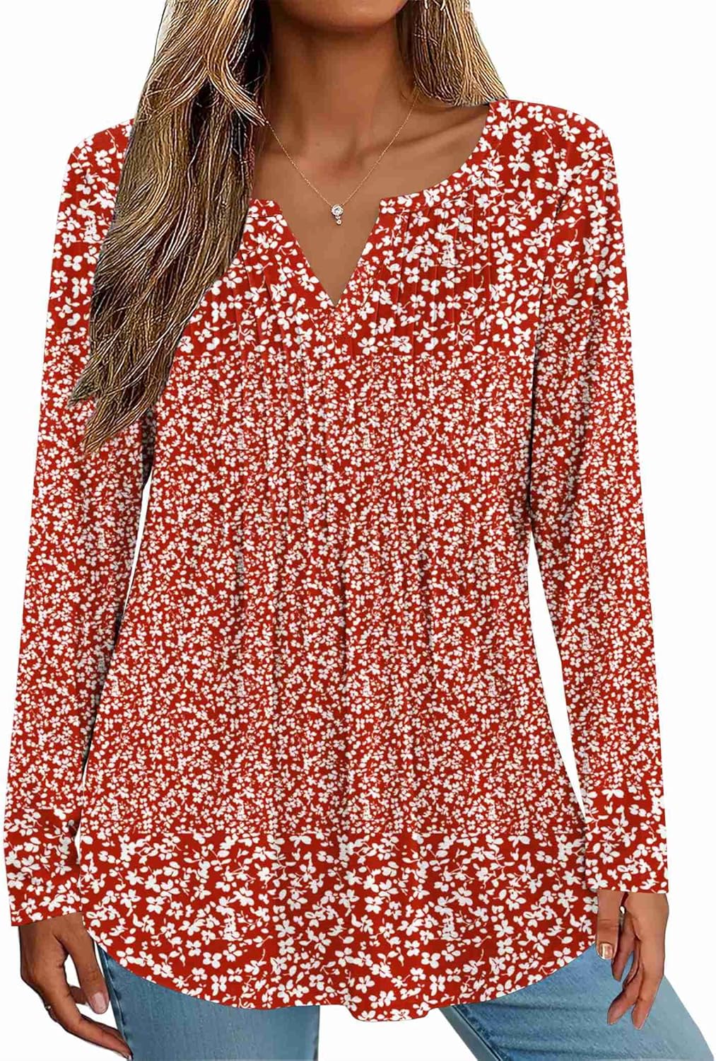 Zeagoo Womens Long Sleeve Tops 2026 V Neck Pleated Shirts Dressy Casual Tunic Blouses Loose Fit Fall Fashion Clothes - Image 4