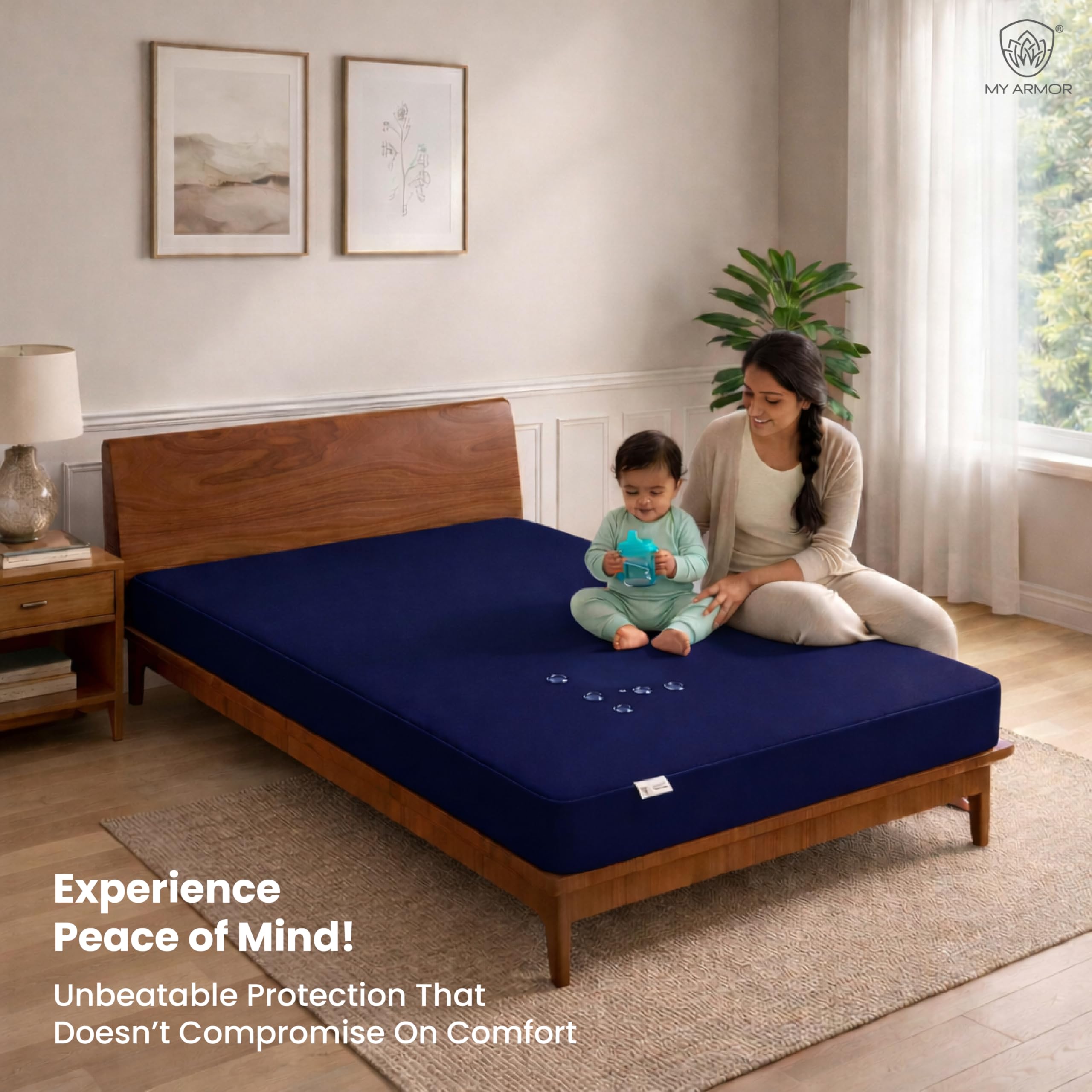 My Armor Waterproof Mattress Protector King Size, 78x72, 6.5x6 feet, Double Bedsheet Cover, Breathable & Allergen Free Ultra Soft Fitted Terry Cotton Feel Cover, Elastic Skirting, Navy Blue 1