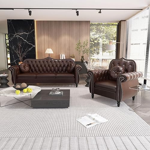 AVZEAR Chesterfield 2-Piece Living Room Sectional Sofa Set, Mid-Century Modern Upholstered PU Sofa Couch, Classic Tufted Button Sofa with Nailhead Trim for Living Room, Office (1+3 Seat Brown)