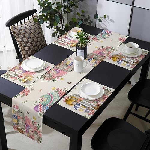 Juego de manteles individuales de Pascua con camino de mesa a juego de arpillera de algodón y lino 4 alfombrillas de lugar camino de 16 x 72