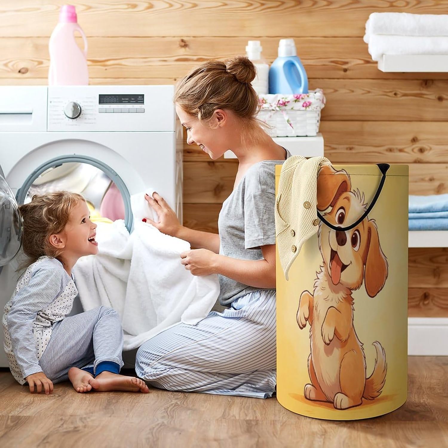 Funny Little Dog Laundry Hamper 86L Waterproof Collapsible Clothes Basket with Double Handles Freestanding Foldable Laundry Basket Large Clothes Hamper for Bathroom
