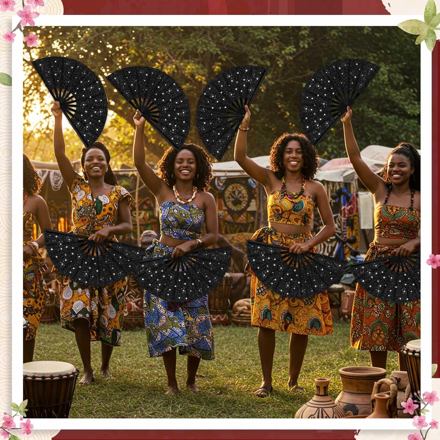 Leinuosen 10 Pcs 13 Inch Large Folding Fans for Line Dancing, Loud Popping Clacking Hand Fans for Women Retro Disco Dance, Square Dance Performance Supplies, Summer Party Favor for Outdoor (Black)