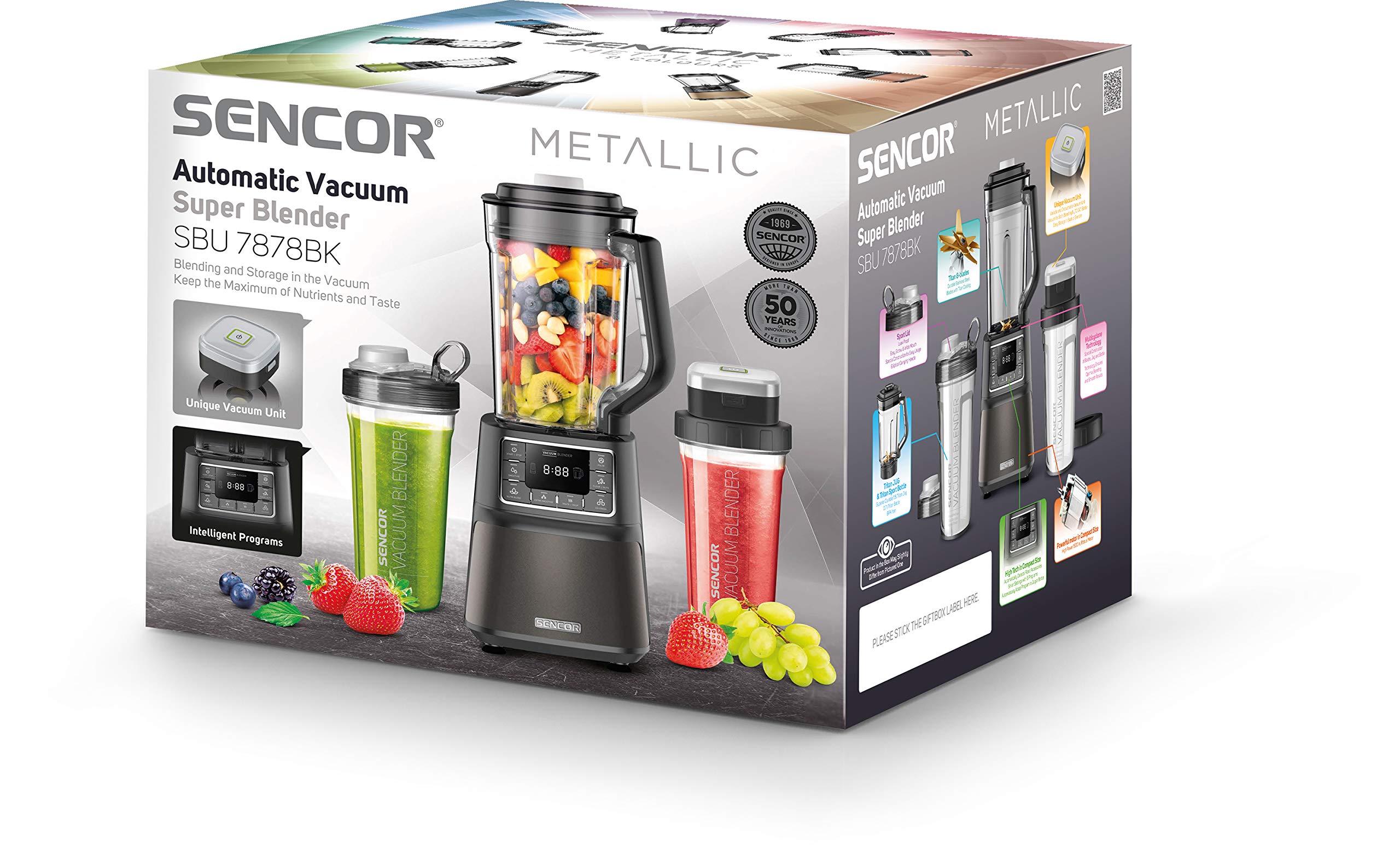 Sencor Super Frullatore Sottovuoto Automatico - Blender Professionale 1500W Multifunzione con Tecnologia Nutri Smart, Miscelazione Multicyclone con 8 Lame - per Smoothies, Zuppe, Noci & Altro