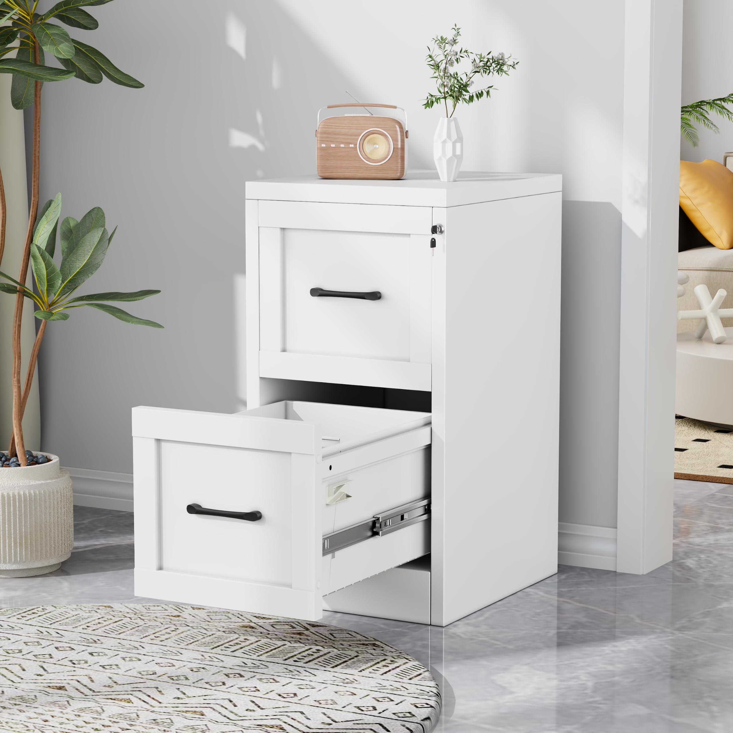 2-Drawer Metal File Cabinet with Lock, Narrow Vertical, White