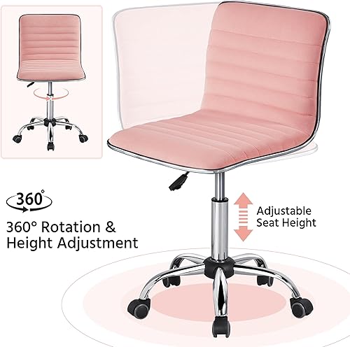 Miniatura 8 de Yaheetech Silla de terciopelo de respaldo bajo, silla de oficina acanalada sin brazos, silla de trabajo giratoria de altura ajustable, color rosa