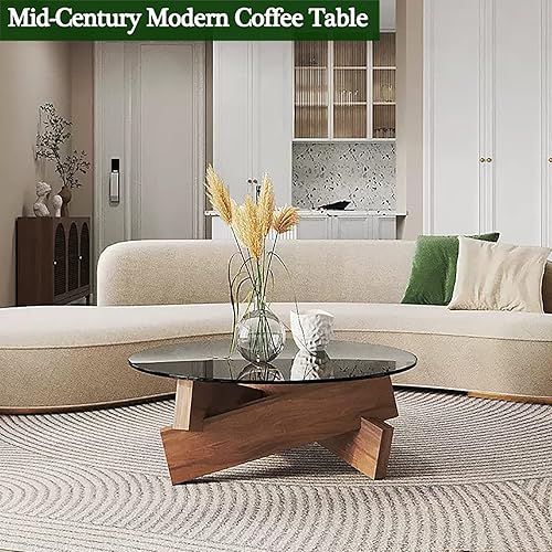 Miniatura 2 de QQXX Mesa auxiliar redonda de vidrio grueso, mesa auxiliar moderna de mediados de siglo, mesa auxiliar abstracta con base de madera, mesa central de