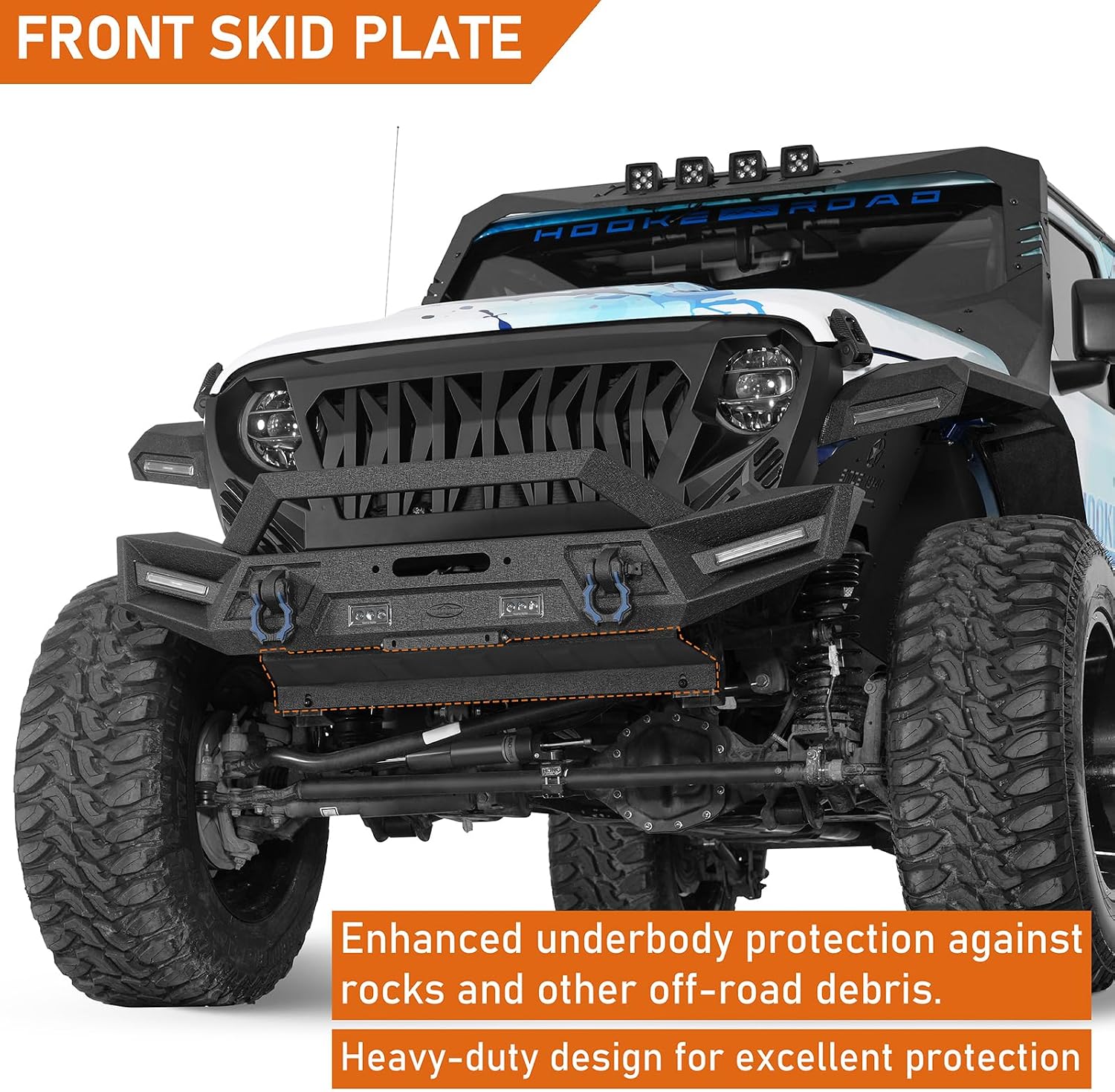 Hooke Road Steel Skid Plate Bumper Cover for 2018-2026 Jeep Wrangler JL & Gladiator JT, Offroad Lower Body Armor Guard Only Work with Selected Hooke Road Front Bumper