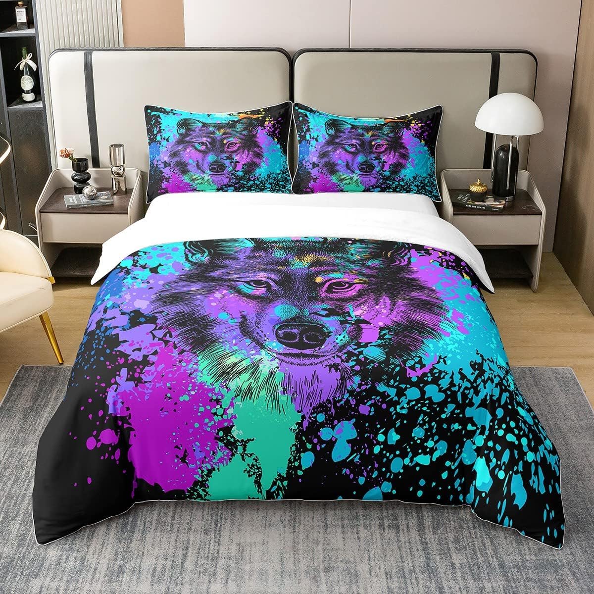 Parure de lit loup premium 240x260 pur coton tie dye teal et noir Homewish
