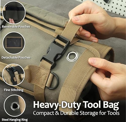 Miniatura 4 de Bolsa de herramientas enrollable resistente, bolsa enrollable compacta para mecánicos, electricistas, bricolaje, bolsas de herramientas de lona