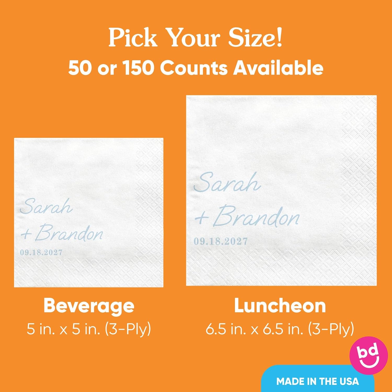 Big Dot of Happiness Personalized Simple Script Dusty Blue Wedding Party Napkins, Custom Bridal Shower or Anniversary Party Decor, White 3-Ply Paper Beverage Napkins - 150 Count
