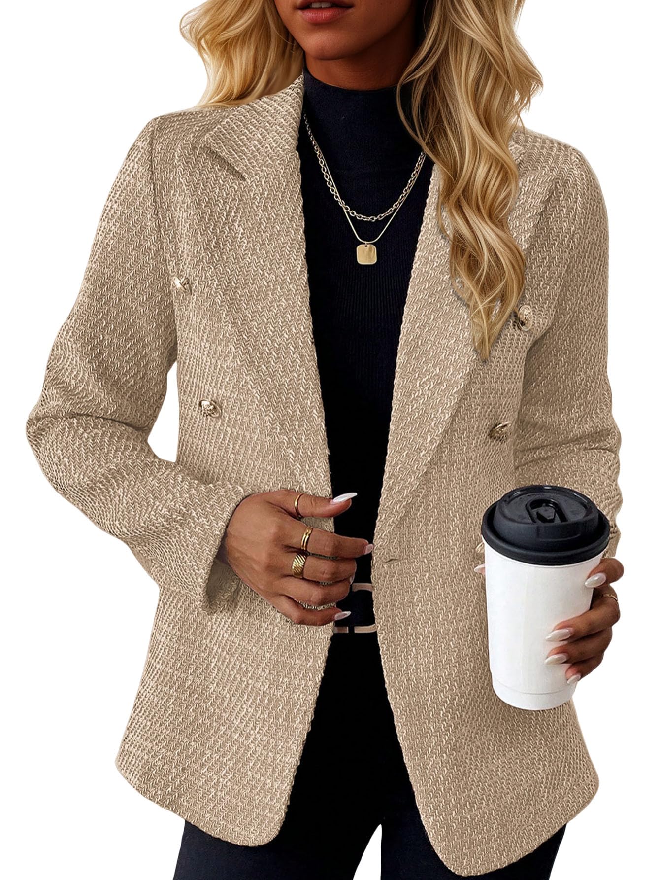 Mina Self 2025 Fall Womens Tweed Blazer - Double-Breasted Fully-Lined Fashion Slim Casual Work Office Jacket with Pockets
