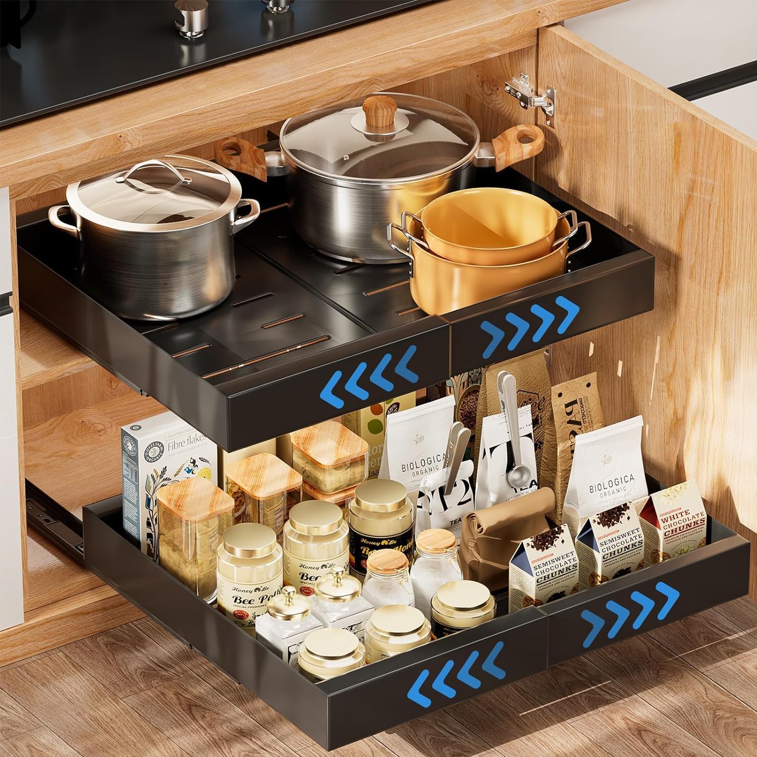 Pull Out Cabinet Organizer Kitchen Drawer Organizer,Expandable Slide Out Drawer Organizer Heavy Duty Kitchen Cabinet Organizers and Storage,Roll Out Shelf for Kitchen Cabinet,Pantry,Bathroom (black)