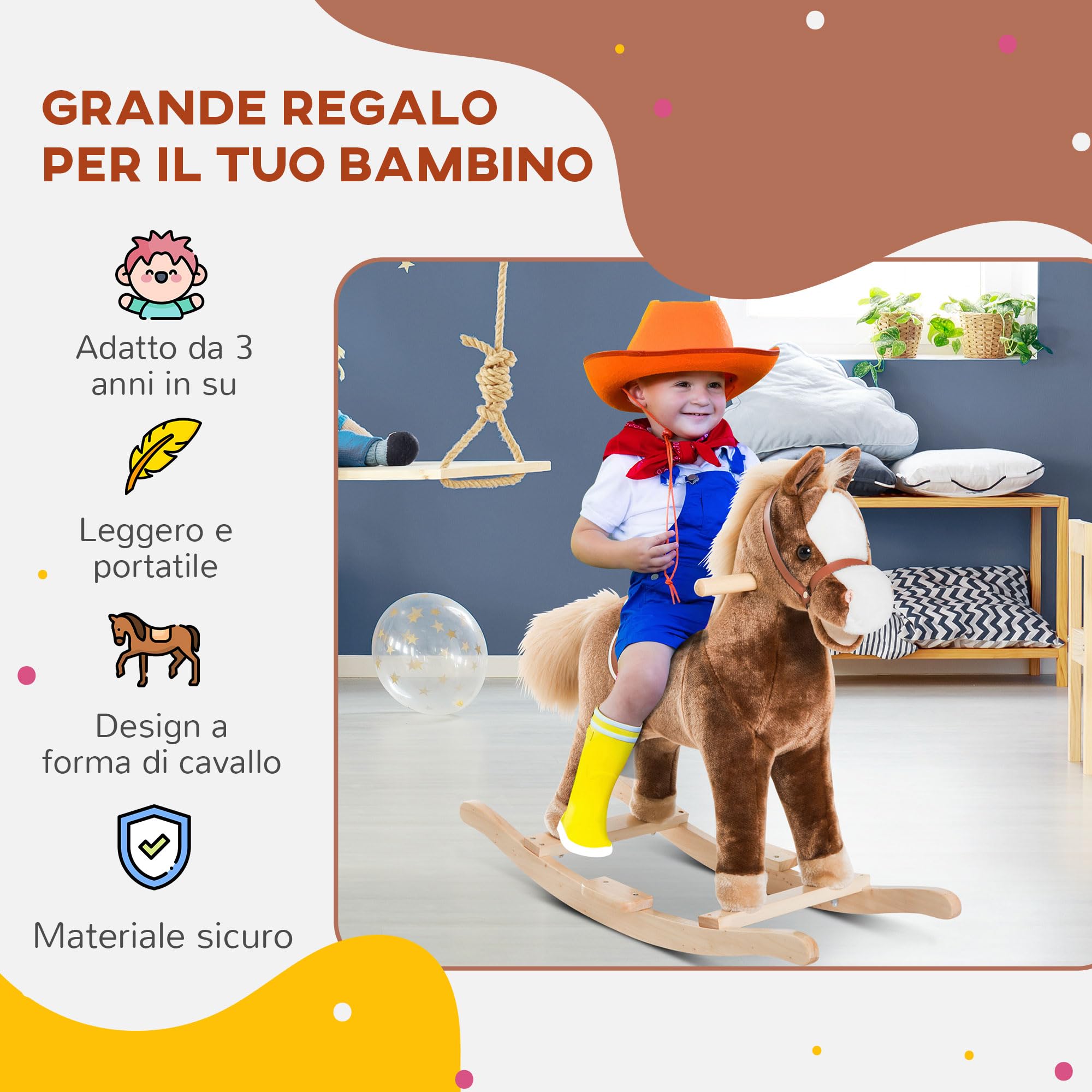 HOMCOM Cavallo a Dondolo per Bambini in Legno, Giocattolo Cavalcabile per Bambini in Peluche, 74x33x62 cm, Marrone