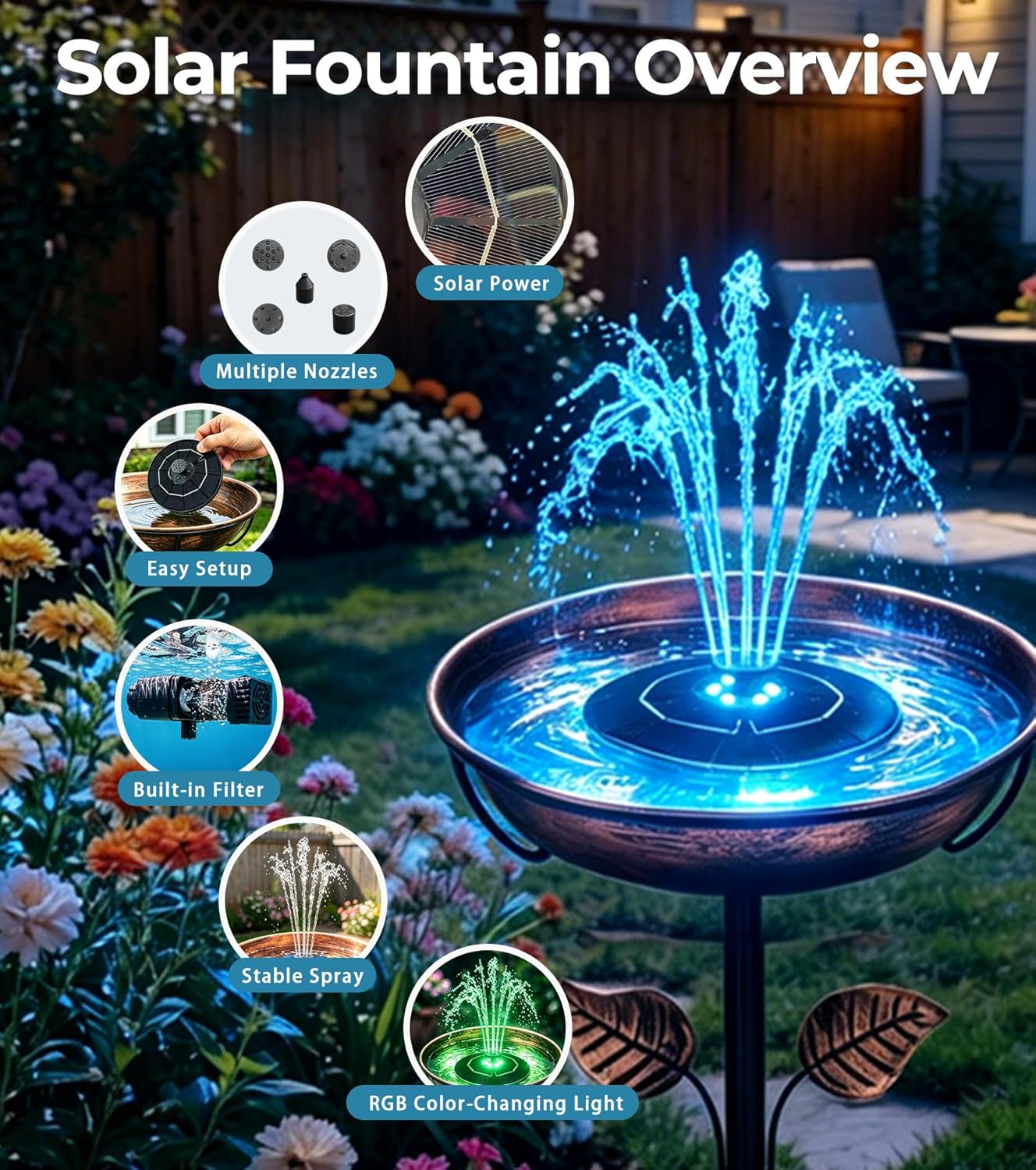 6.3" D Solar Fountain with Battery Backup, 9V/2W Solar Fountain Pump with LED Lights, 5 Nozzles Bird Bath Fountain, Floating Solar Water Fountain for Garden, Pond, Patio
