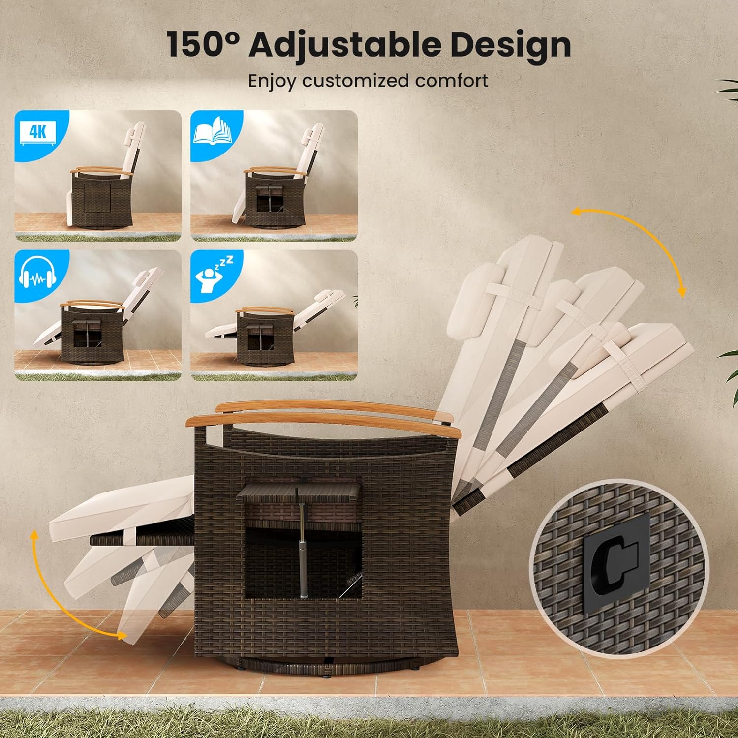 Image showing the 150-degree adjustable backrest feature of the Tangkula Patio Rattan Swivel Recliner Chair.