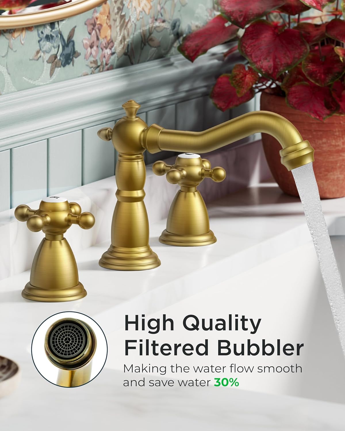 FORIOUS 3 Hole Vintage Bathroom Faucet Brushed Gold, 2 Handles 8 Inch Widespread Antique Brass Bathroom Sink Faucet for Vanity RV Farmhosue, with Metal Pop Up Drain and Supply Lines - Image 2