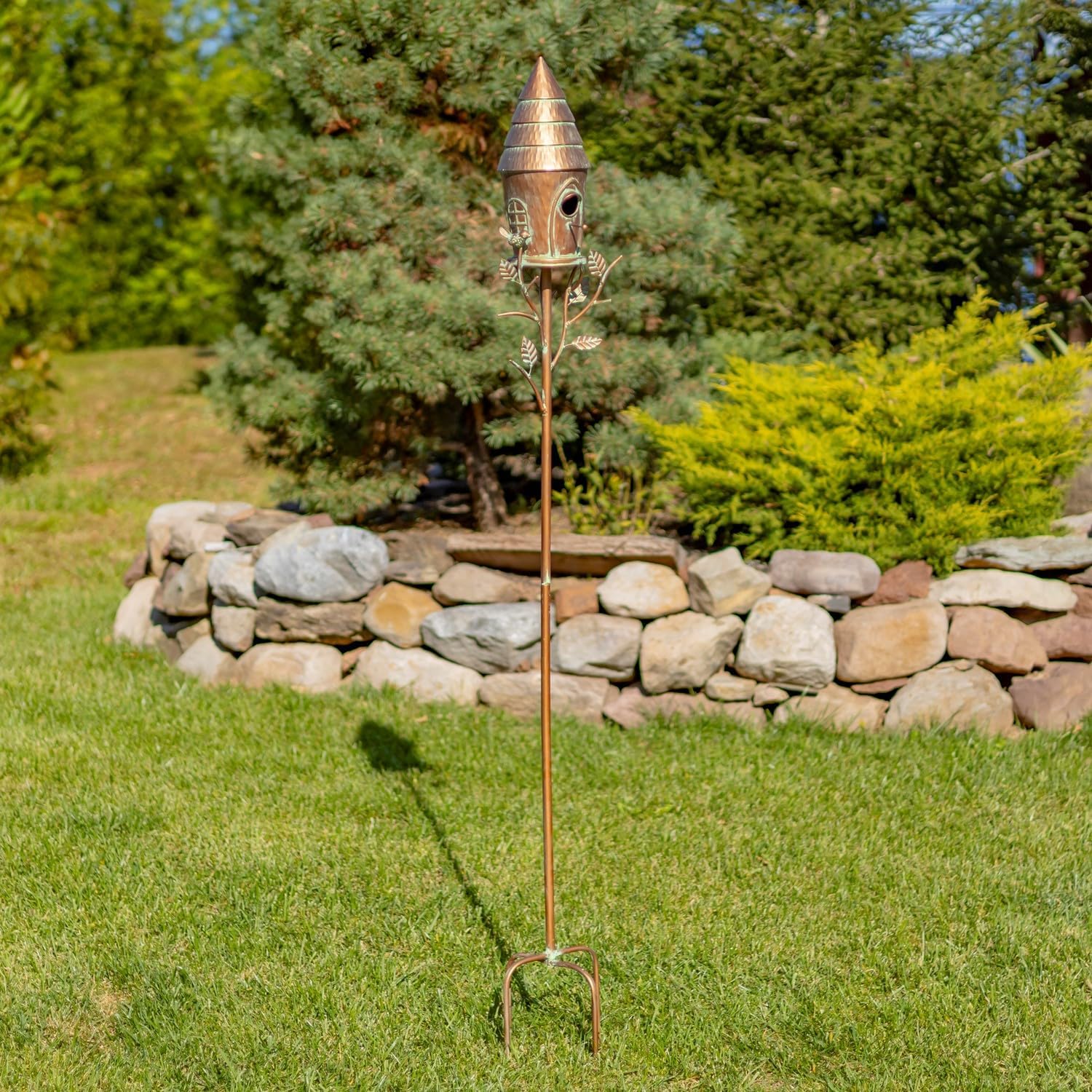 Large Copper Color Metal Birdhouse on Multi-Pronged Garden Stake (Budapest in Copper Color)