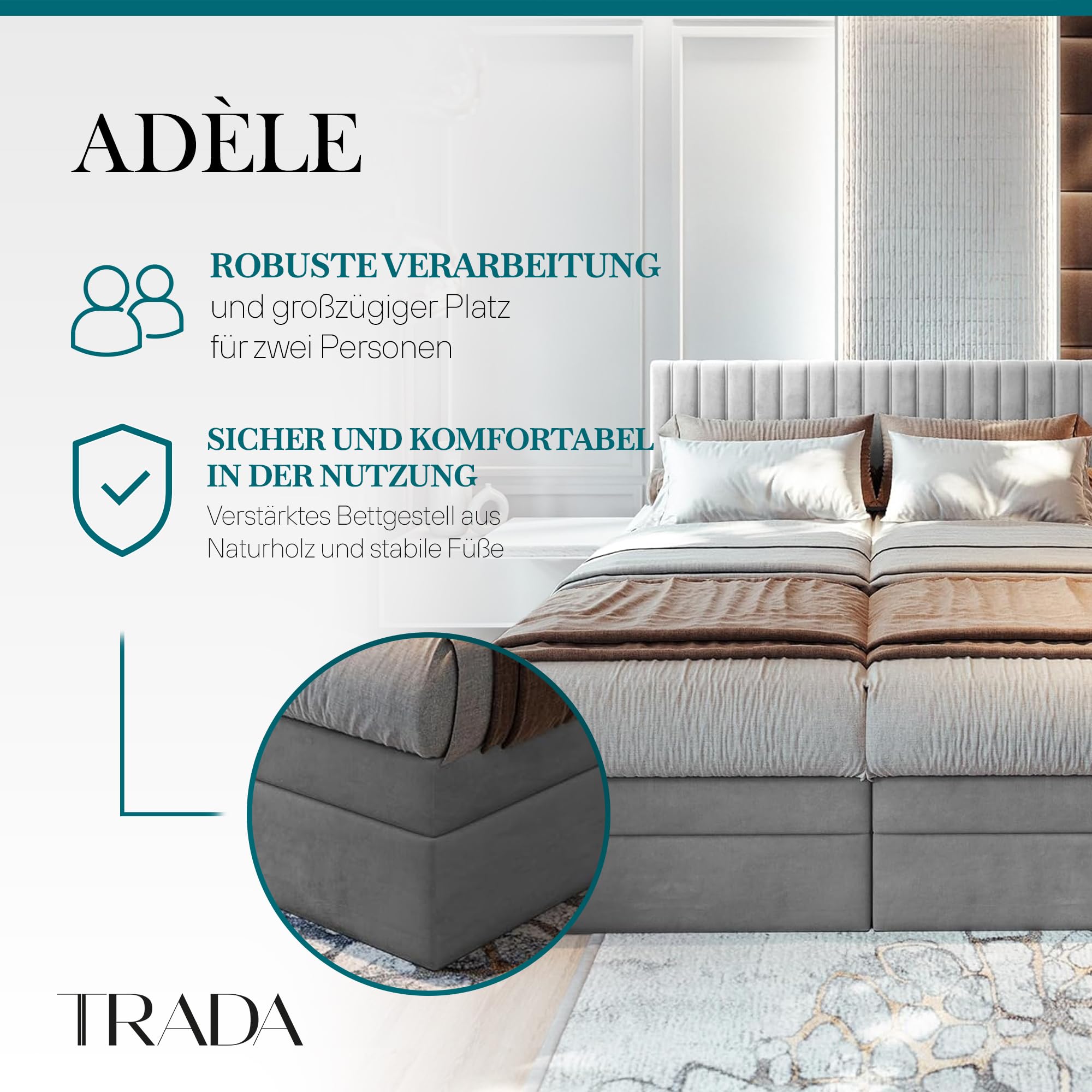 TRADA Boxspringbett ADÈLE 180x200 cm, elektrisch Bett mit Matratze + Tooper | Stoffbezug Veloursstoff, Bettkasten mit Gasautomaten, Beige