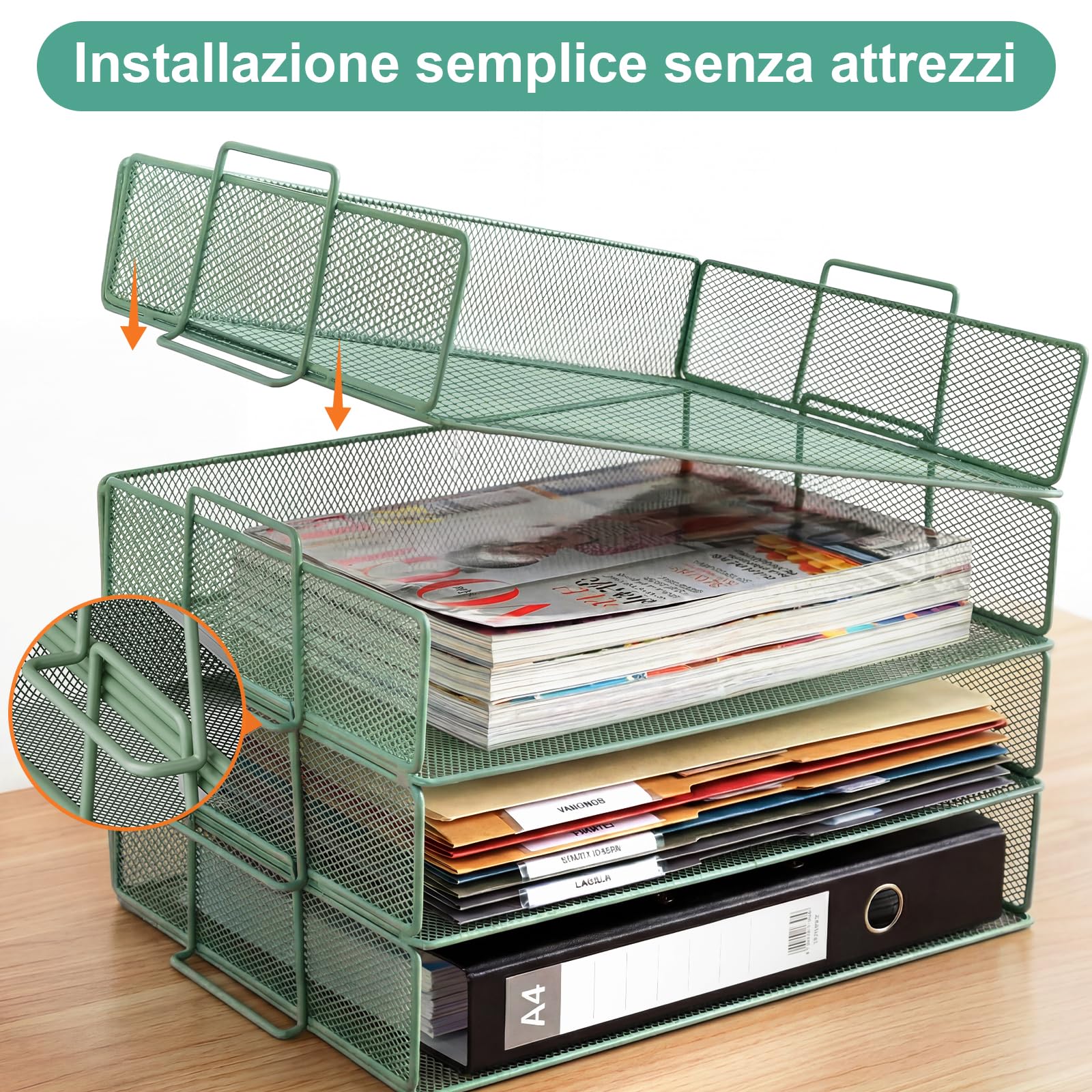Portadocumenti impilabile per fogli A4, organizer scrivania con 4 scomparti e 1 portapenne, adatto a documenti A4, portadocumenti da scrivania in metallo, porta documenti ufficio scrivania (verde)