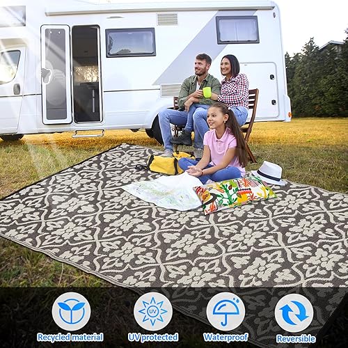 Miniatura 7 de Alfombra de camping RV de 9 x 12 pies, plegable, reversible, polipropileno duradero, adecuado para actividades al aire libre, patio, terraza y playa