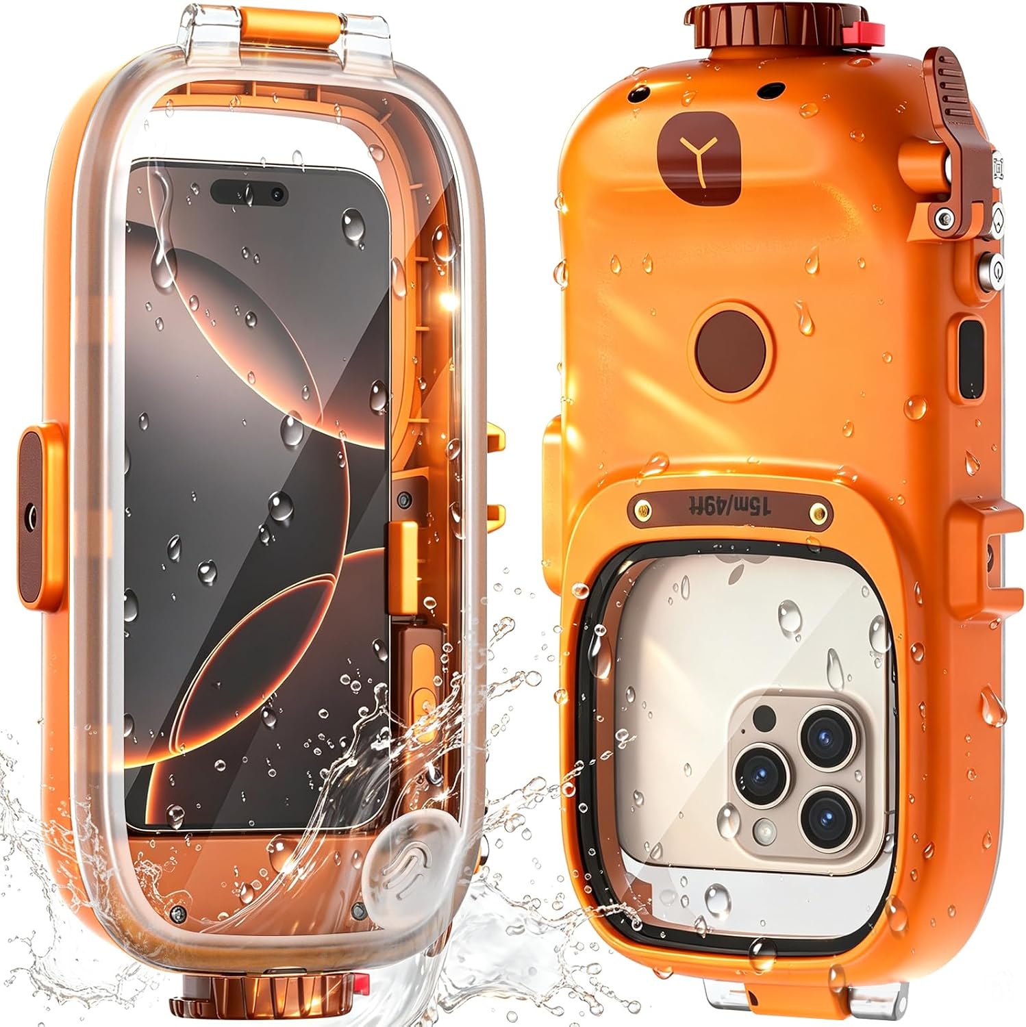 jaroco for Snorkeling&Diving Photo&Video Phone Case, 49FT/15M, Built-in Bluetooth, Up to 6.9'', IP 68 Waterproof for iPhone 6/SE-16 Series, Samsung,and Other Models, Orange Capybara Design