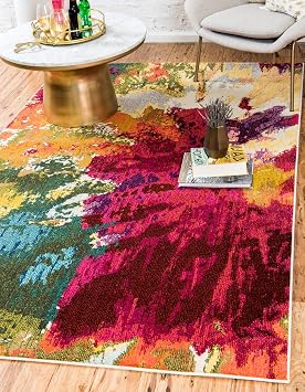 Unique Loom Estrella Collection Colorful, Abstract, Floral, Watercolors, Modern, Distressed Area Rug 7 0 x 10 0 Rectangular, Multi/Pink