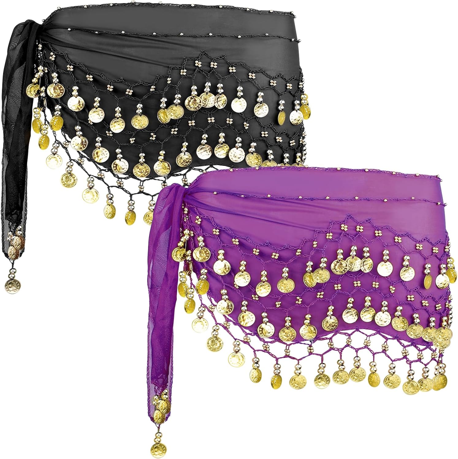 2PCS Belly Dance Hip Scarf, Women's Chiffon Belly Dancing Skirt with Sequin Coins for Bellydance, Zumba, Costume,Yoga