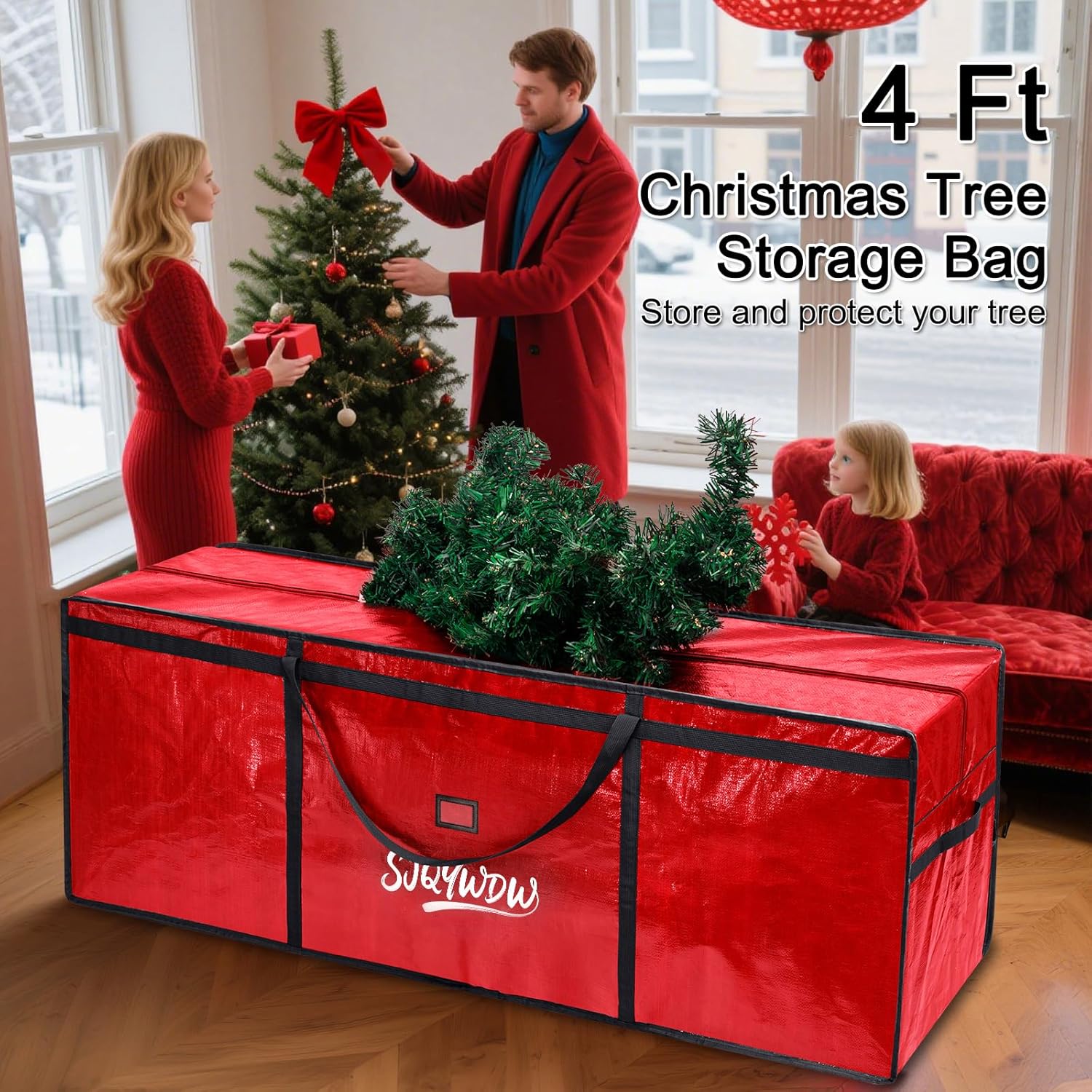 SJQYWDW Small Christmas Tree Storage Bag 4ft/5ft – Heavy Duty Reusable Tree Storage Bag with Reinforced Handles, Thickened PE Material Moisture-resistant Tearproof for Short Holiday Trees (Red) Red Small PE-4ft