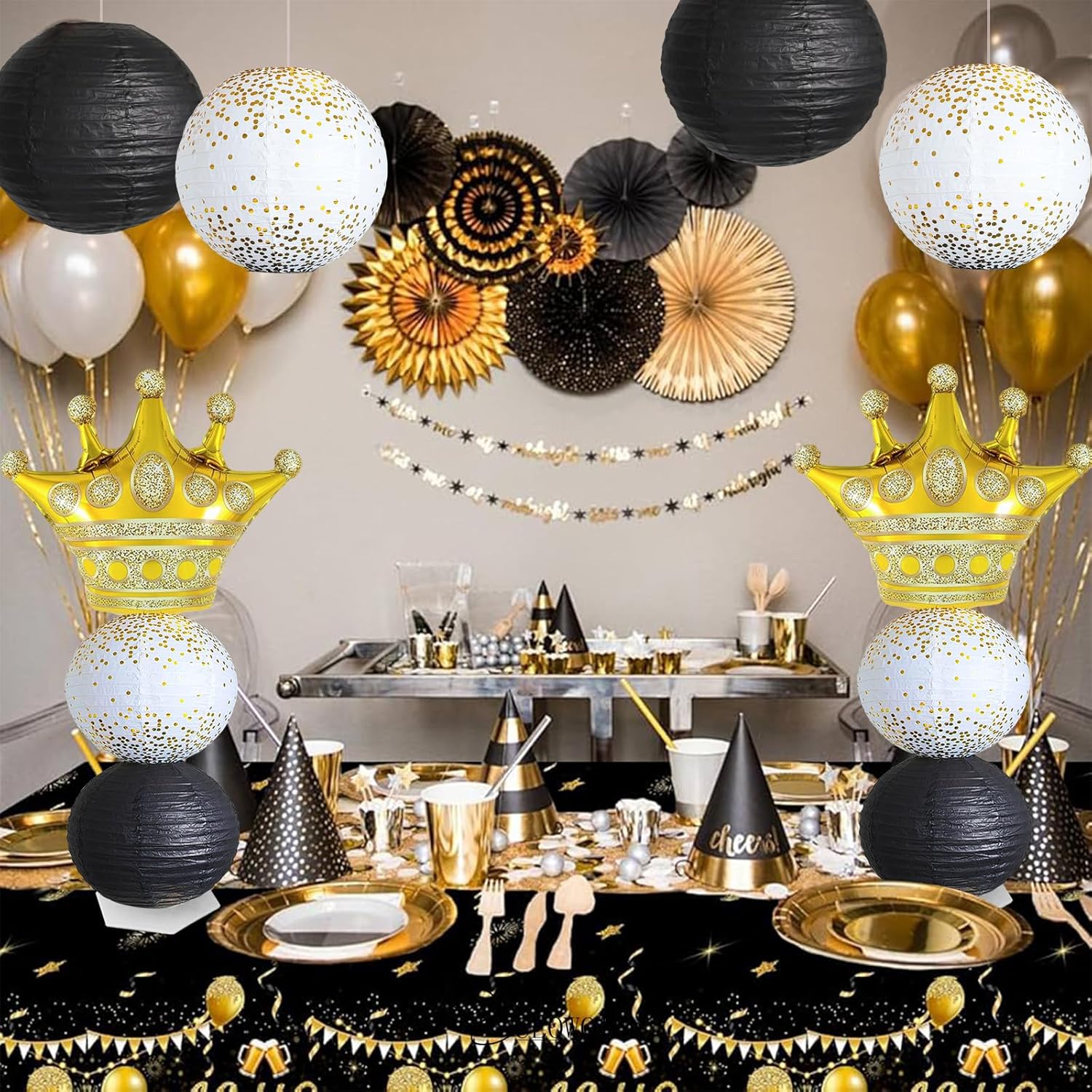 Gold and Black Balloon Column Stand Kit,Crown Balloon And Paper Lantern 2 Sets 5.25 Feet with Reusable Metal Telescopic Design for Gold and Black Birthday Parties,Graduation Party Decorations