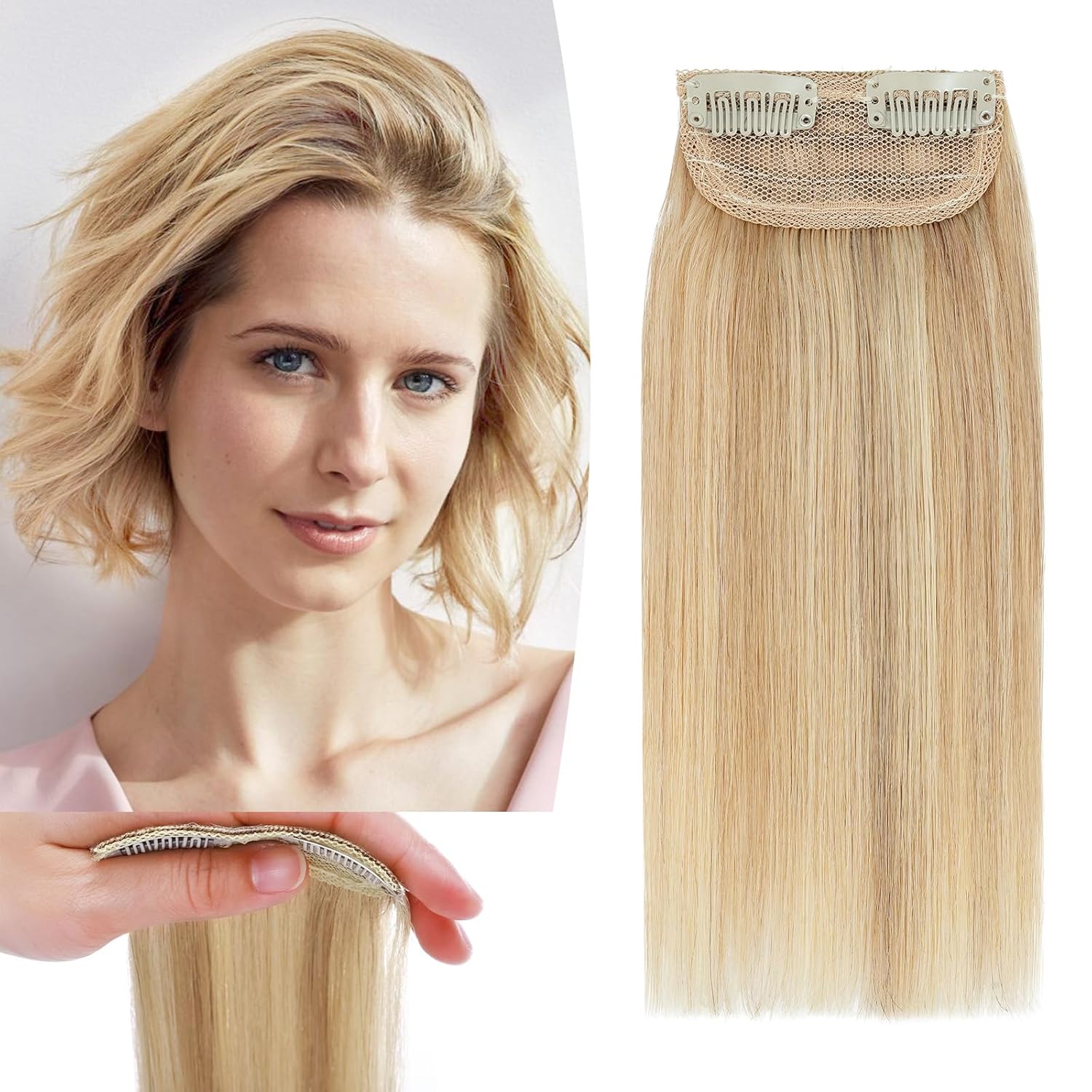 Benehair Hair Extensions for Short Hair Natural Invisible Clip in Human Hair Extensions for Women with Thinning Hair Add Hair Volume 8Inch Seamless Hair Extensions #18P613 Ash Blonde&Bleach Blonde