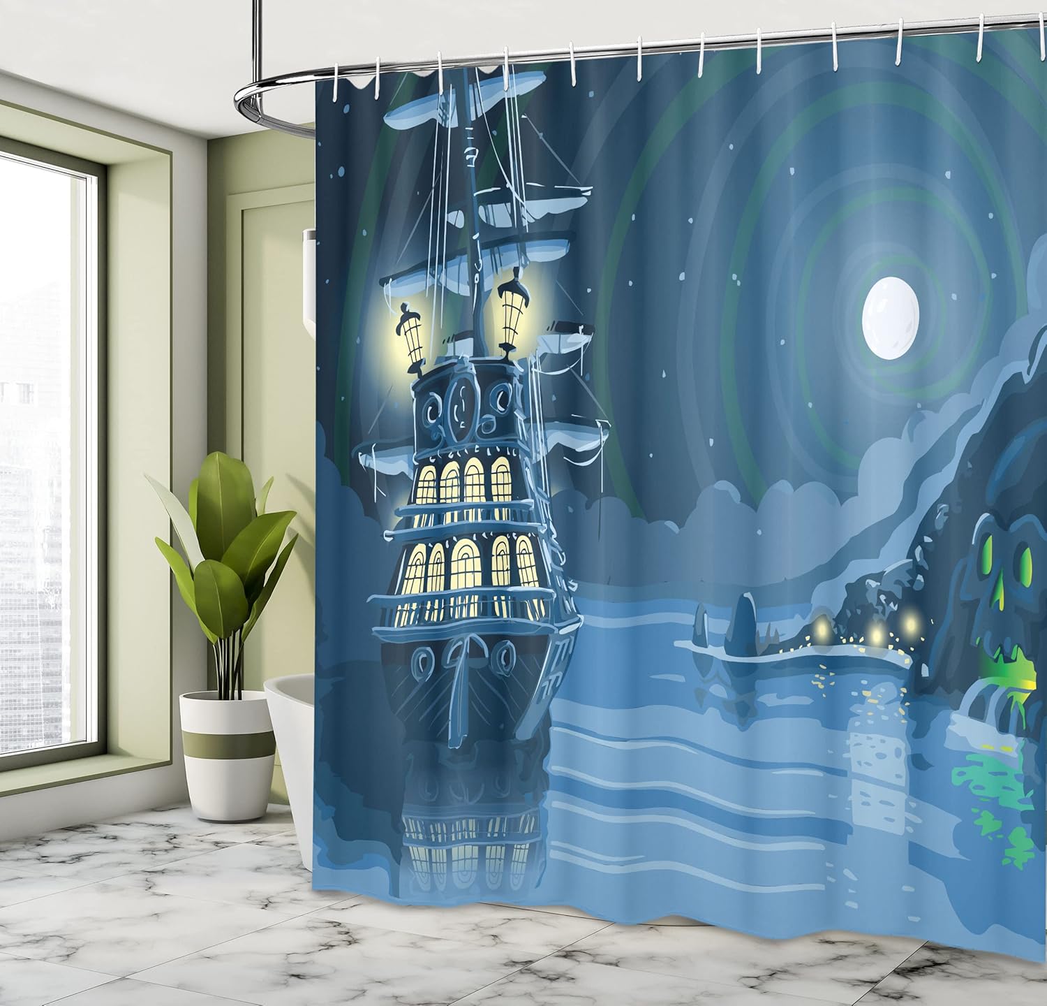 Ambesonne Nautical Shower Curtain, Detailed Illustration of Nocturnal Adventure Island with Anchored Pirate Ship and Moon, Cloth Fabric Bathroom Decor Set with Hooks, 69" W x 84" L, Aqua Blue