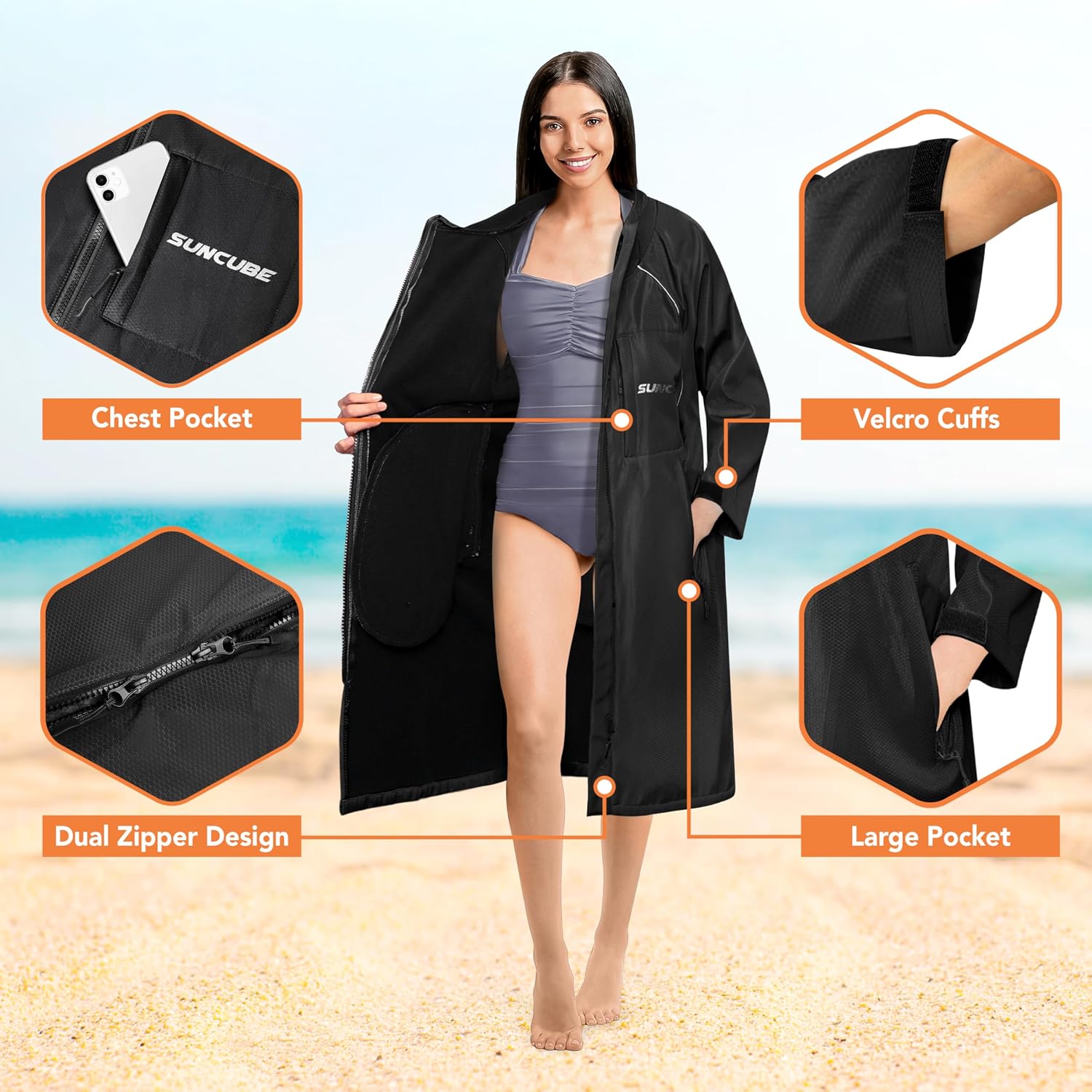 SUN CUBE Swim Parka Men Women, Unisex Hooded Changing Robe Water Resistant Fleece, Swimming Surfing Triathlon Water Sports