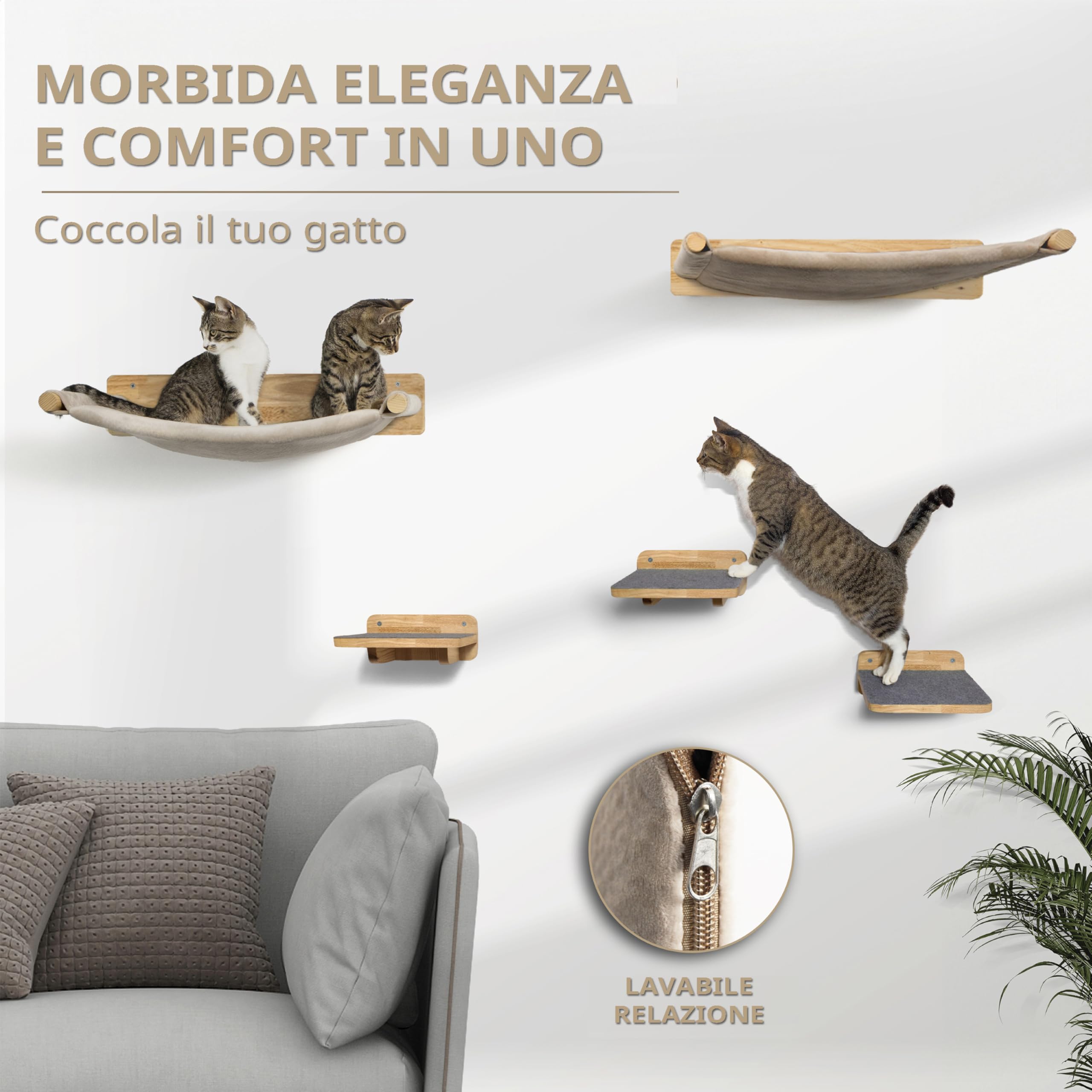 WOOWOOD Parete da arrampicata per gatti con 2 scale, albero tiragraffi amaca e mobili per gatti