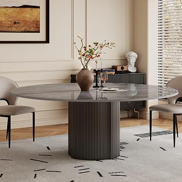 59" Modern Round Dining Table for 6, Gray Sintered Stone Dining Room Table with Black Fluted Metal Pedestal, Easy Assembled Circle Kitchen Table for Home, Table Only