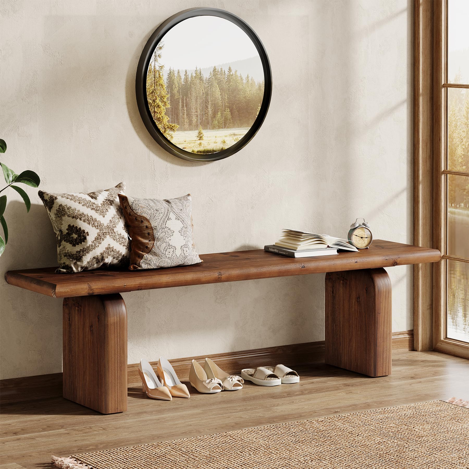 62.99" Solid Wood Entryway Bench, Indoor Wooden End of Bed Bench | Farmhouse Style, Ideal for Entryway, Hallway, Bedroom, Dining Room, Living Room, Easy Assembly, Rustic Brown