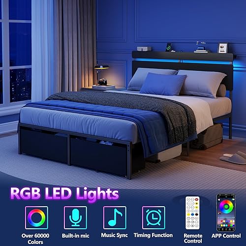 Miniatura 6 de Forestell Marco de cama tamaño completo con cabecera de madera, cama plataforma negra con 2 cajones de almacenamiento y estante, estación de carga