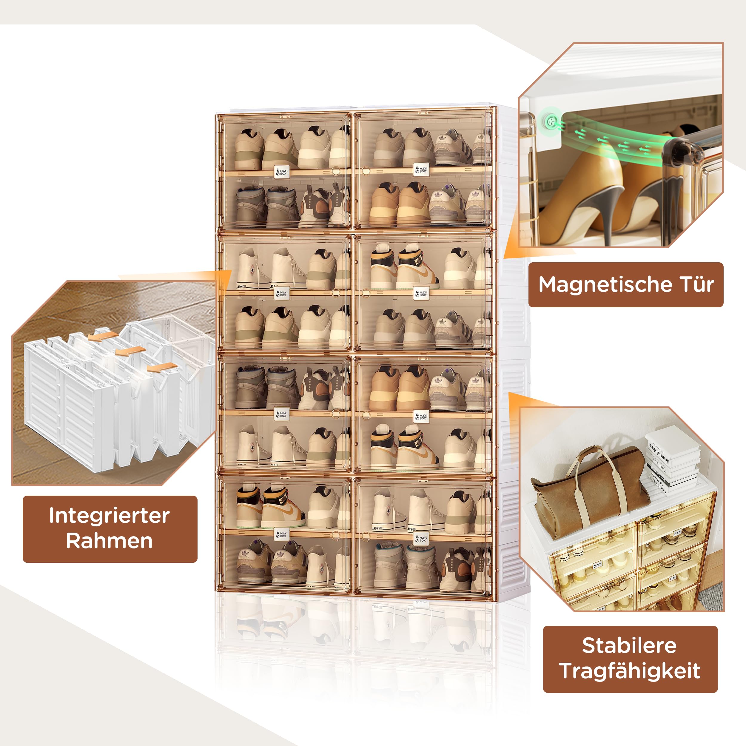 MAYIBOX Schuhschrank Faltbar - 10 Transparente Schuhboxen Mit Magnetverschluss, Stapelbar Für Bis Zu 38 Paar Schuhe
