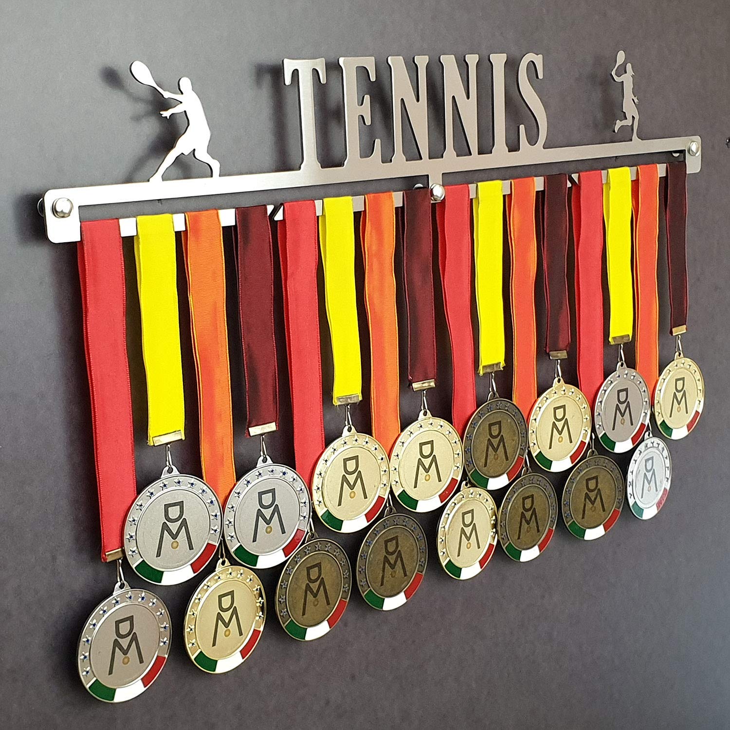 MEDALdisplay Tennis - Medaillen Aufhänger - Wandhalterung für Sportmedaillen Tennisspieler - Medaillenhalter - Sport Medal Hanger - Gebürsteter Edelstahl - 100% Made in Italy
