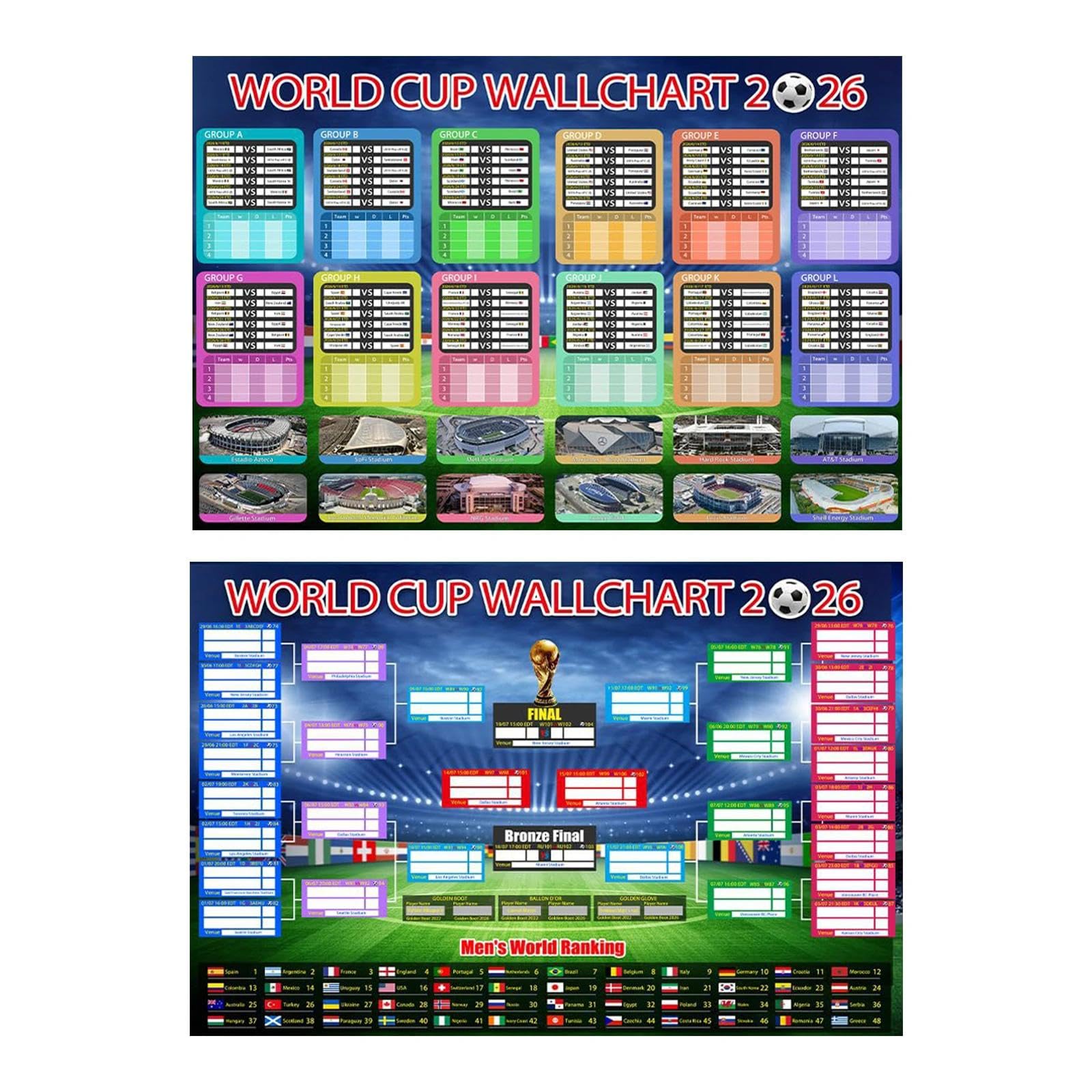 Vetin 2 Pcs Football Match 2026 Posters, Match Schedule Wall Charts, Interactive Tournament Trackers for Soccer Fans, Great Gifts & Great for Bedroom & Party Decorations (22.8"X34.3")