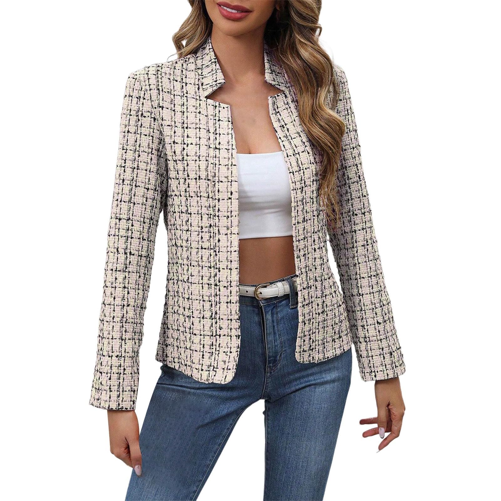 HGps8w Elegant Tweed Blazer Jacket for Women - Open Front Stand Collar Fully Lined Business Casual Work Office