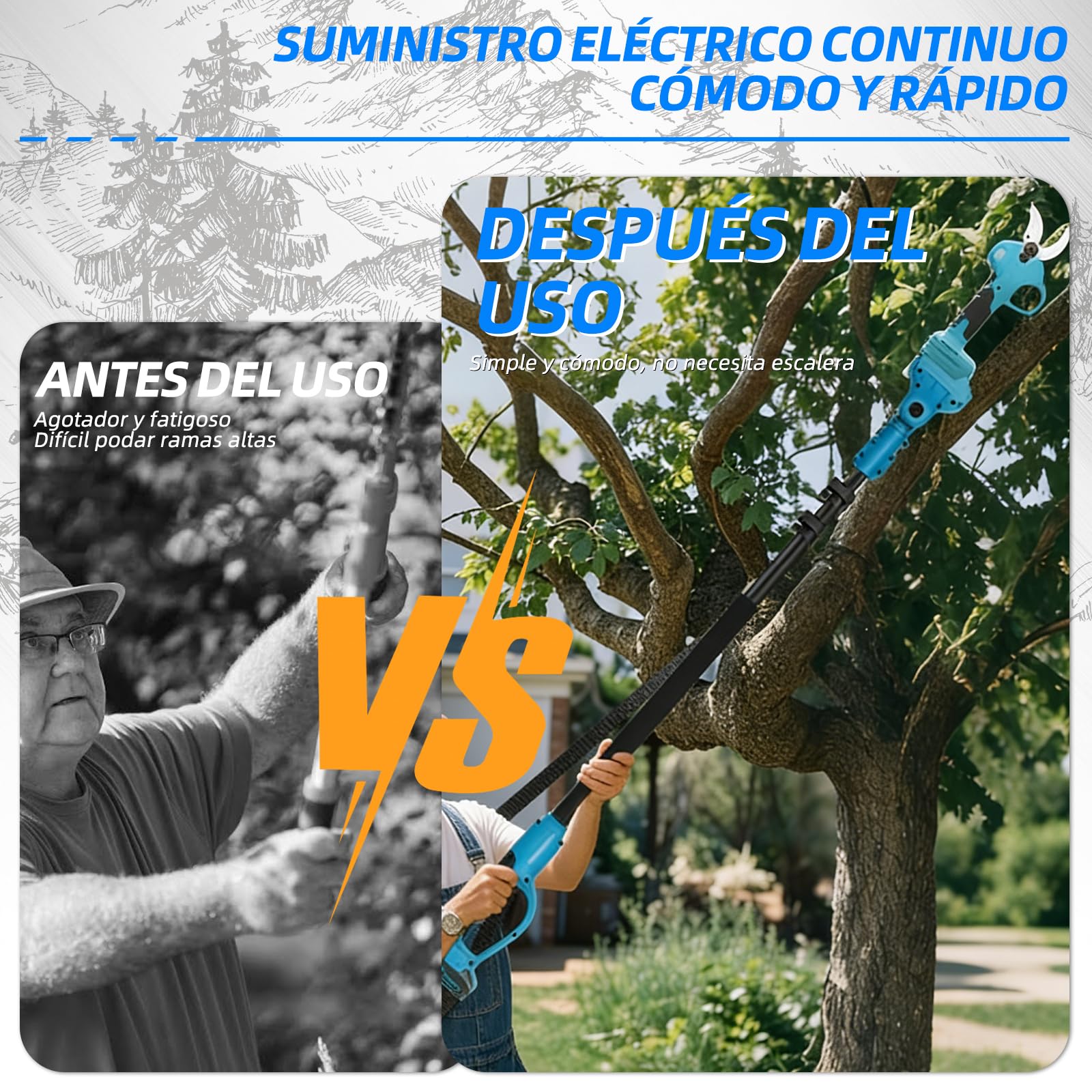 Pértiga telescópica ANEELV para tijeras de podar y sierras eléctricas – Extensible 1,2-2,5 m, cabezal 90°, altura 4,6 m – Compatible con Makita 18V