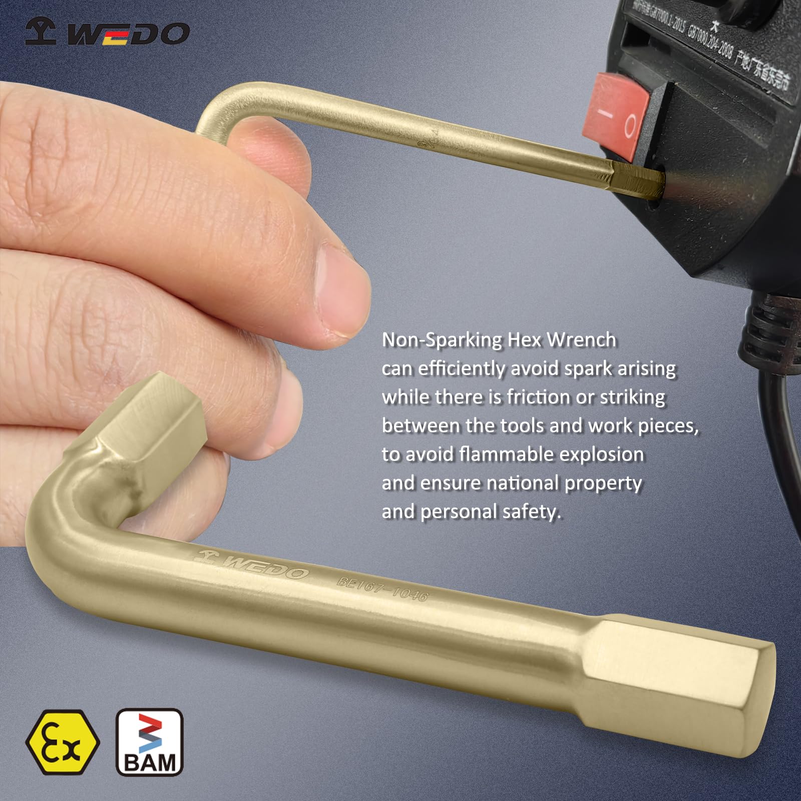WEDO Set di 2 chiavi a brugola senza scintilla, set di chiavi a brugola da 12 mm, lunghezza 130 mm, in alluminio bronzo, resistenza alla corrosione, certificato BAM & FM, strumenti di riparazione