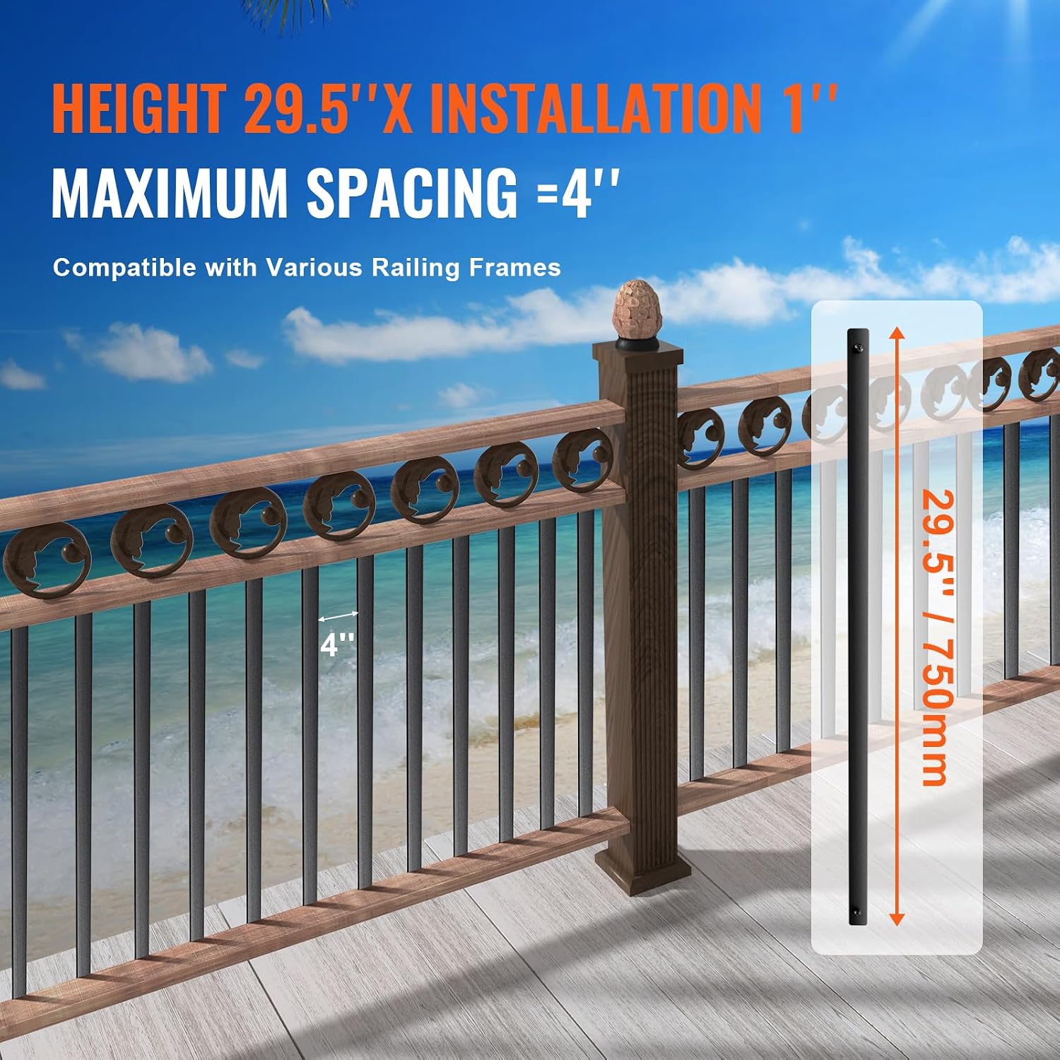 VEVOR Staircase Metal Balusters 29.5"x1" Flat Aluminum Alloy 51 Pack Satin Black - Hollow Classic Banister Spindles with Screws, Powder Coated for Porch & Deck Railing