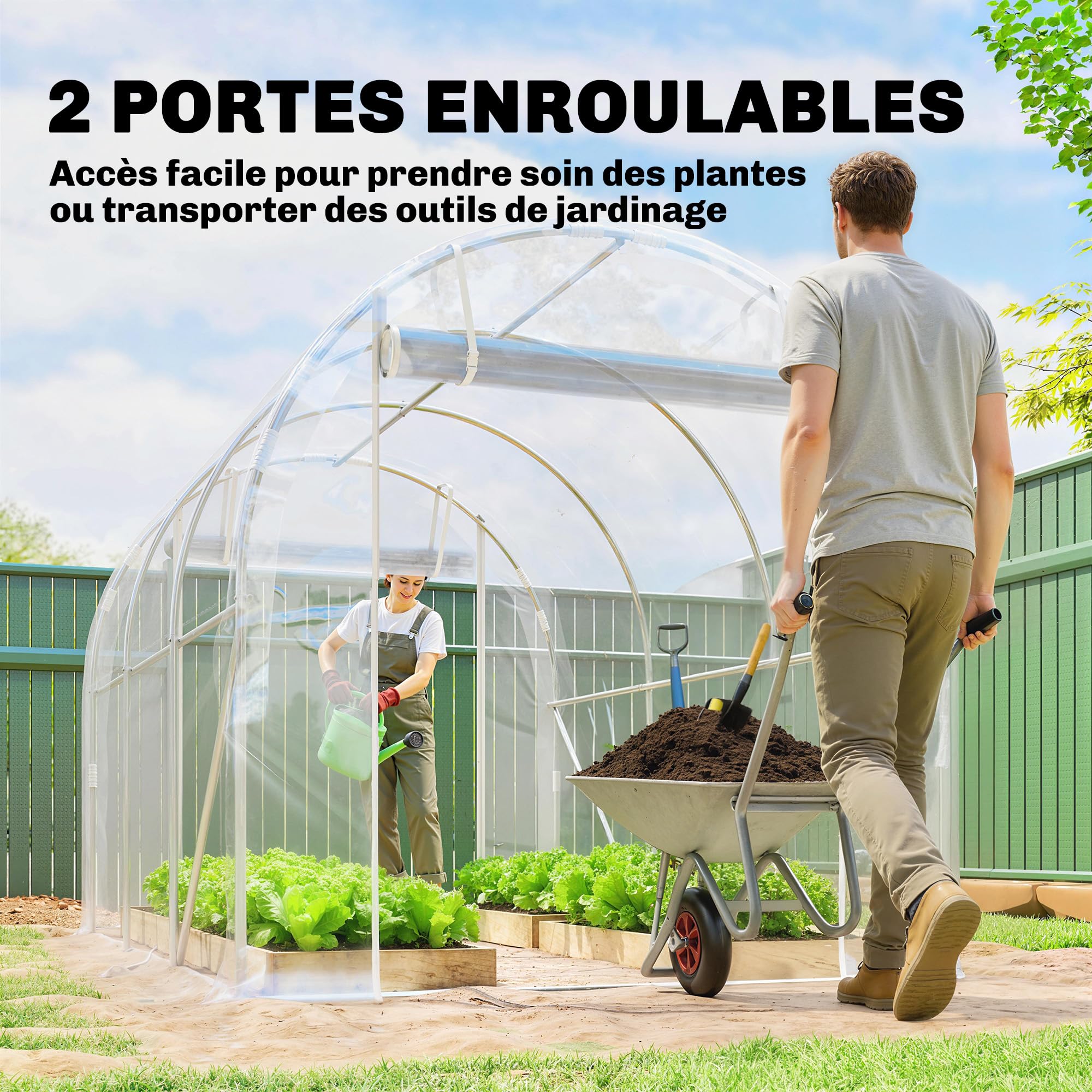 Outsunny Serre Tunnel de Jardin 6m², Serre de Jardin Tunnel 195x295x195cm avec Cadre Acier galvanisé, 2 Portes, bâche PE Haute densité 150g/m² prolongée de 20 cm, pour extérieur Transparent