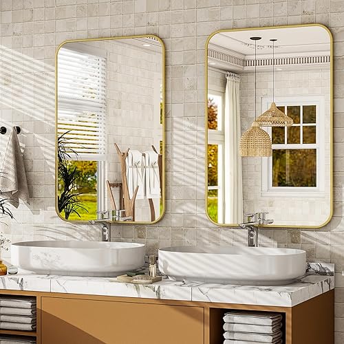 Vista 87 de Espejo de baño dorado de 30 x 22 pulgadas para pared, marco de aleación de aluminio, espejo rectangular montado en la pared para decoración