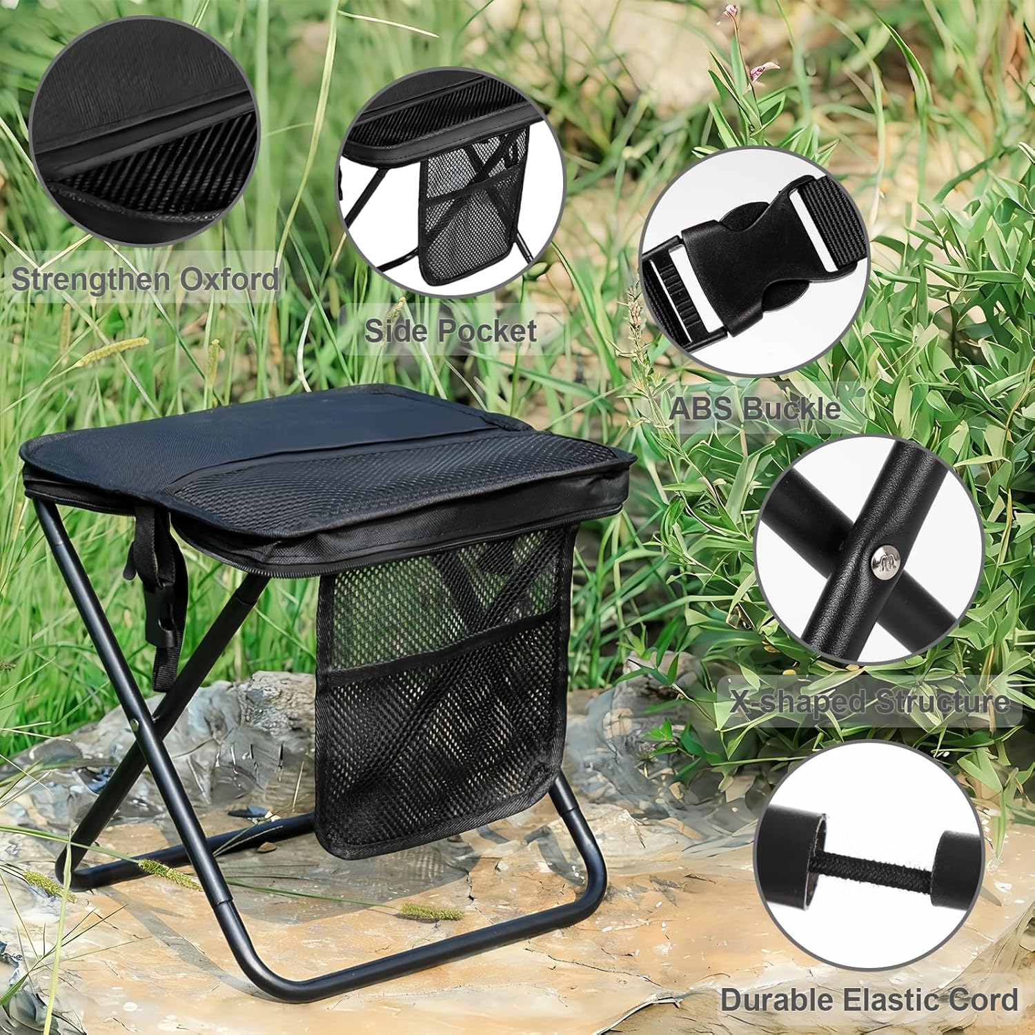 2 in 1 Portable Folding Camping Stool Convertible to Crossbody Bag Lightweight Collapsible with Storage Pocket High Carbon Steel Frame Oxford Fabric for Hiking Fishing Outdoor Activities (Black)