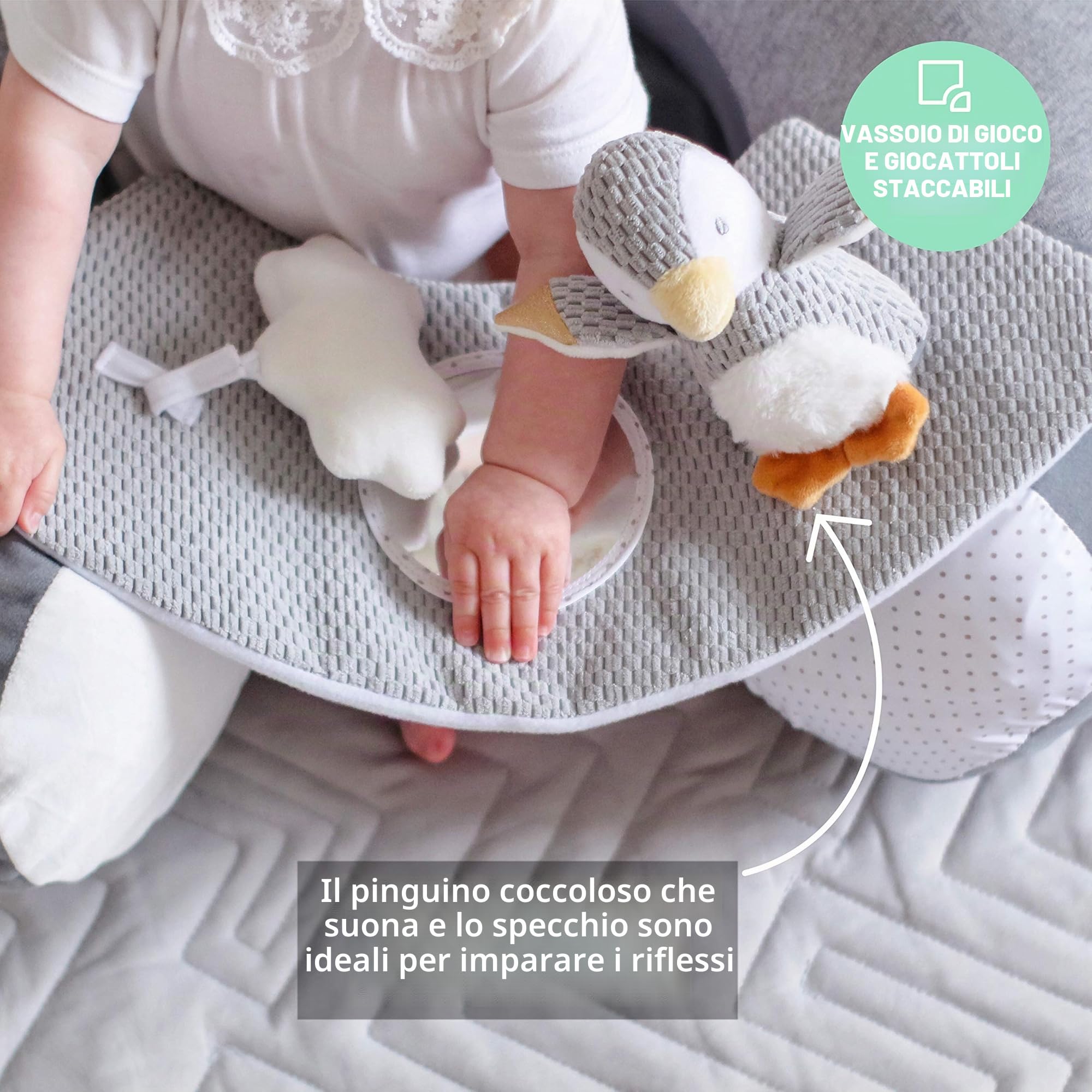 Nuby - Little Penguin Seggiolino educativo Sit-me-Up - Seggiolino gonfiabile con giocattoli e vassoio - Morbido tessuto - Grigio - 6+ mesi